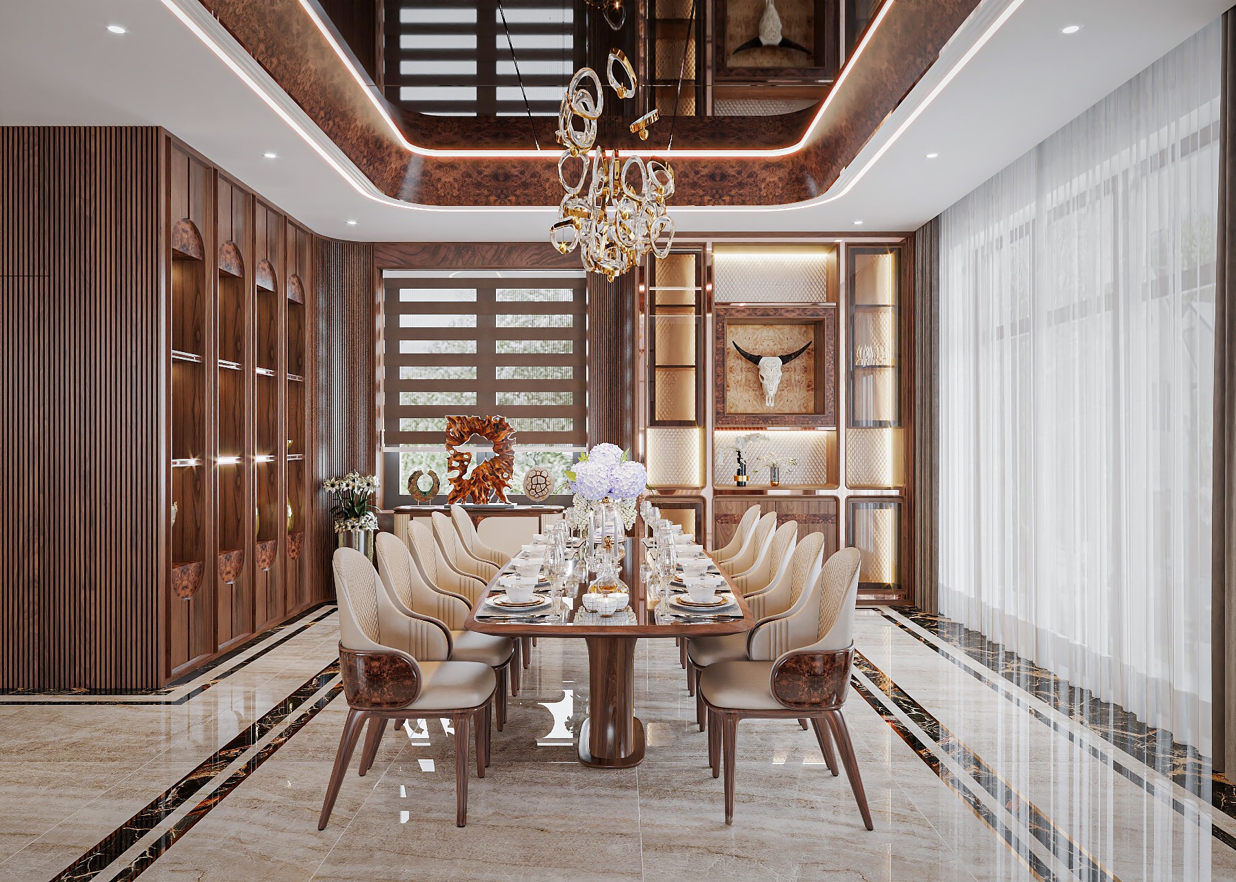 Bàn ăn cao cấp hiện đại bằng gỗ óc chó mặt kính trong suốt 10 ghế sang trọng