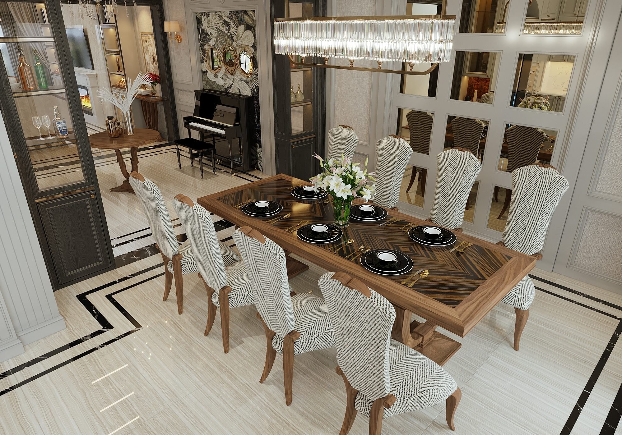 Bàn ăn cao cấp 8 ghế mặt veneer vân xương cá và khung gỗ óc chó Bàn ăn cao cấp 8 ghế mặt veneer vân xương cá và khung gỗ óc chó