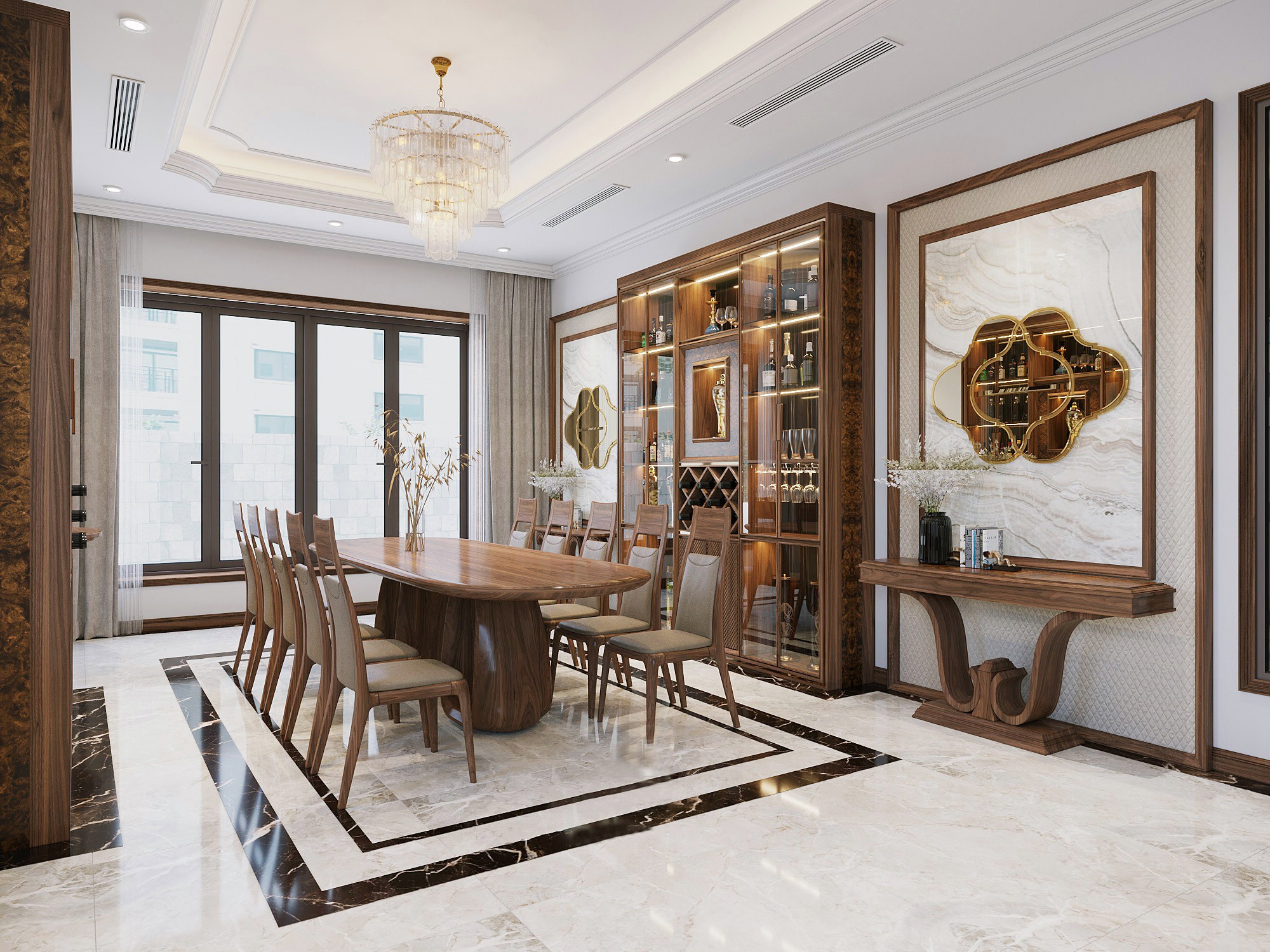 Bàn ăn gỗ sồi 10 ghế cho căn hộ chung cư hiện đại