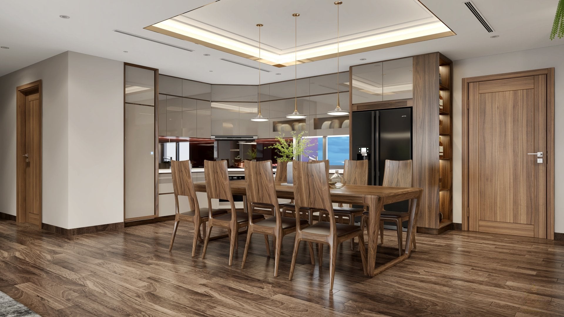Bàn ăn cho nhà chung cư 8 ghế gỗ óc chó với chân chữ U và ghế cutout hiện đại Bàn ăn cho nhà chung cư 8 ghế gỗ óc chó với chân chữ U và ghế cutout hiện đại