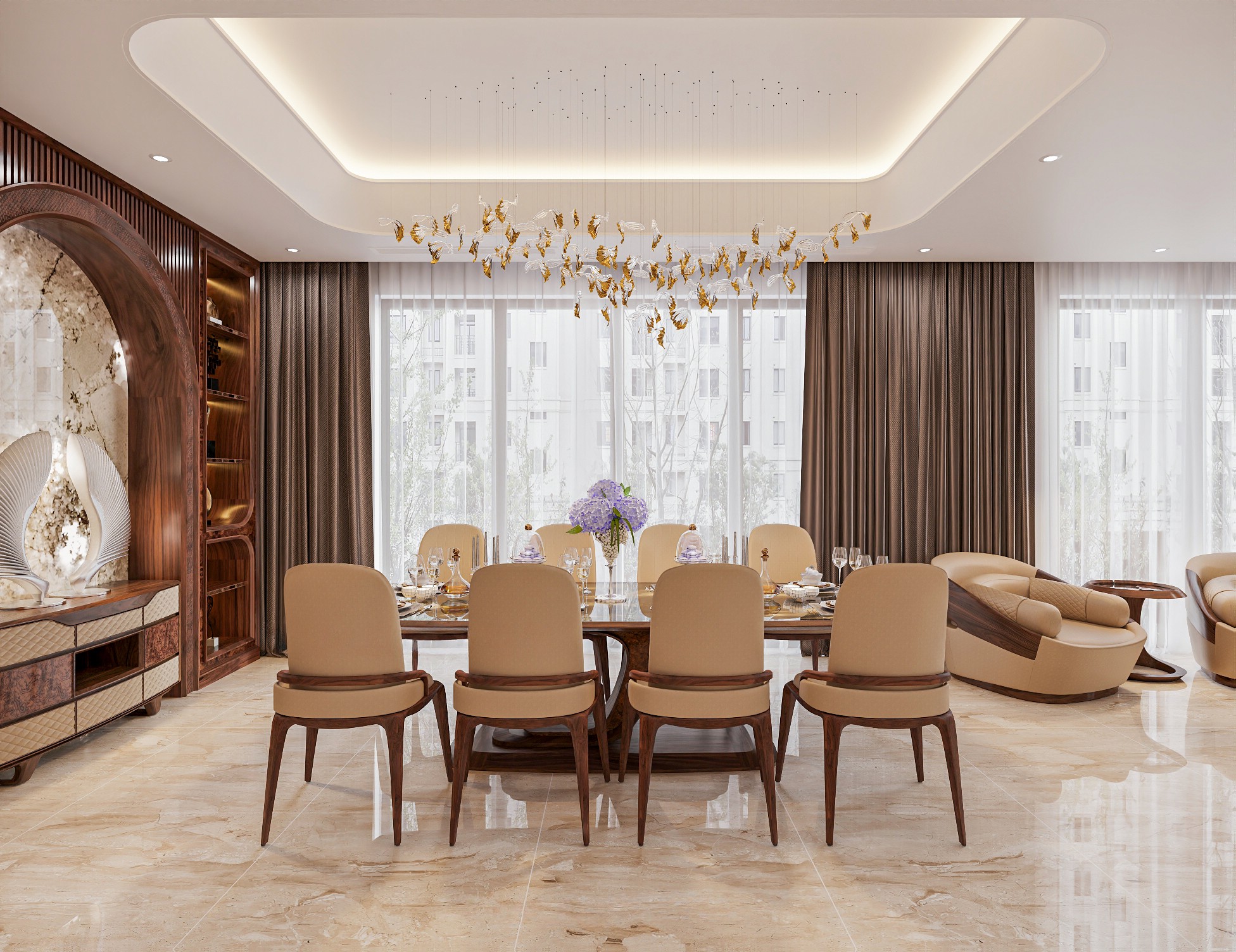 Bàn ăn chung cư cao cấp với ghế da trắng kem và chân bàn ốp veneer nu