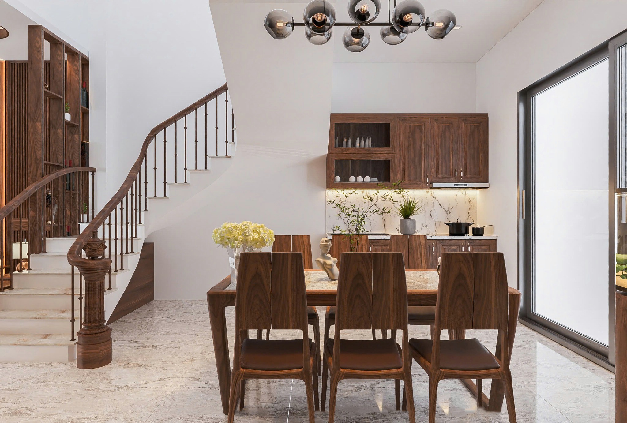 Bàn ăn đẹp 6 ghế mặt đá marble trắng loang vàng khung gỗ tự nhiên sang trọng