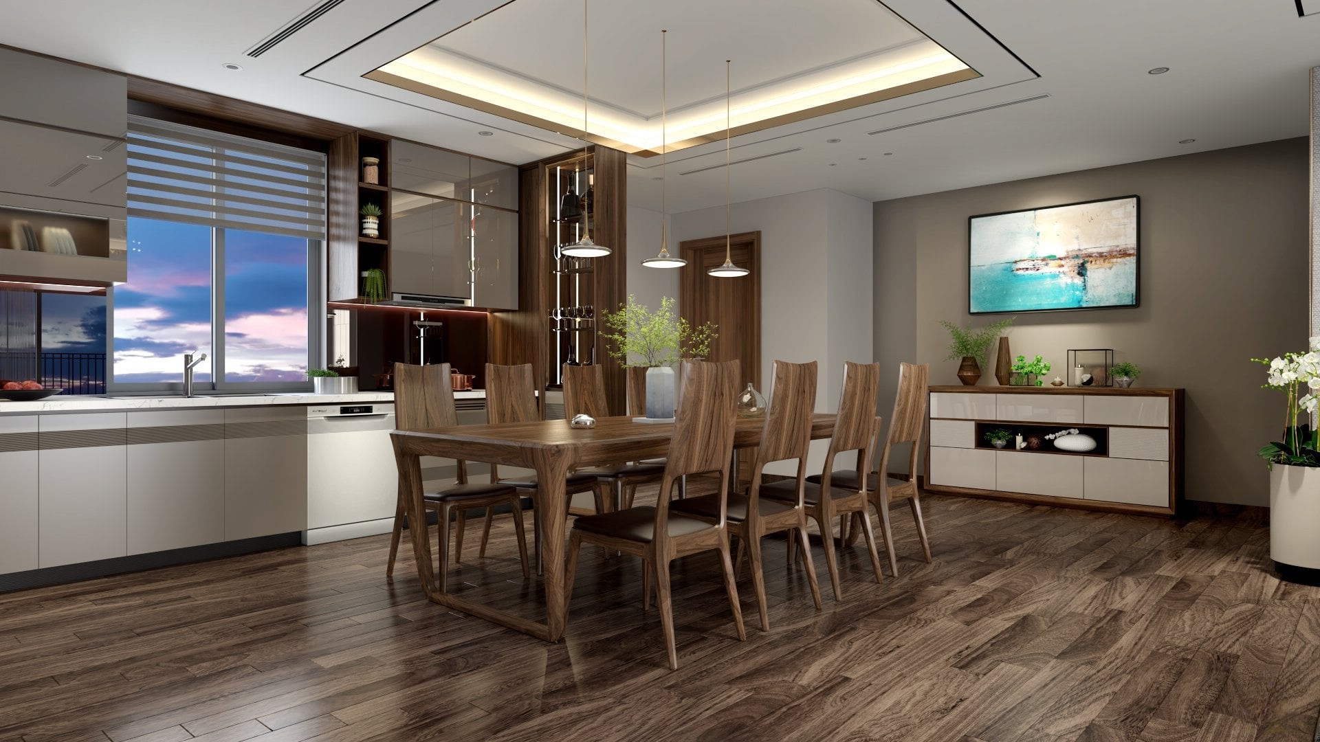 Bàn ăn đẹp cho chung cư 8 ghế chất liệu gỗ óc chó tự nhiên Bàn ăn đẹp cho chung cư 8 ghế chất liệu gỗ óc chó tự nhiên