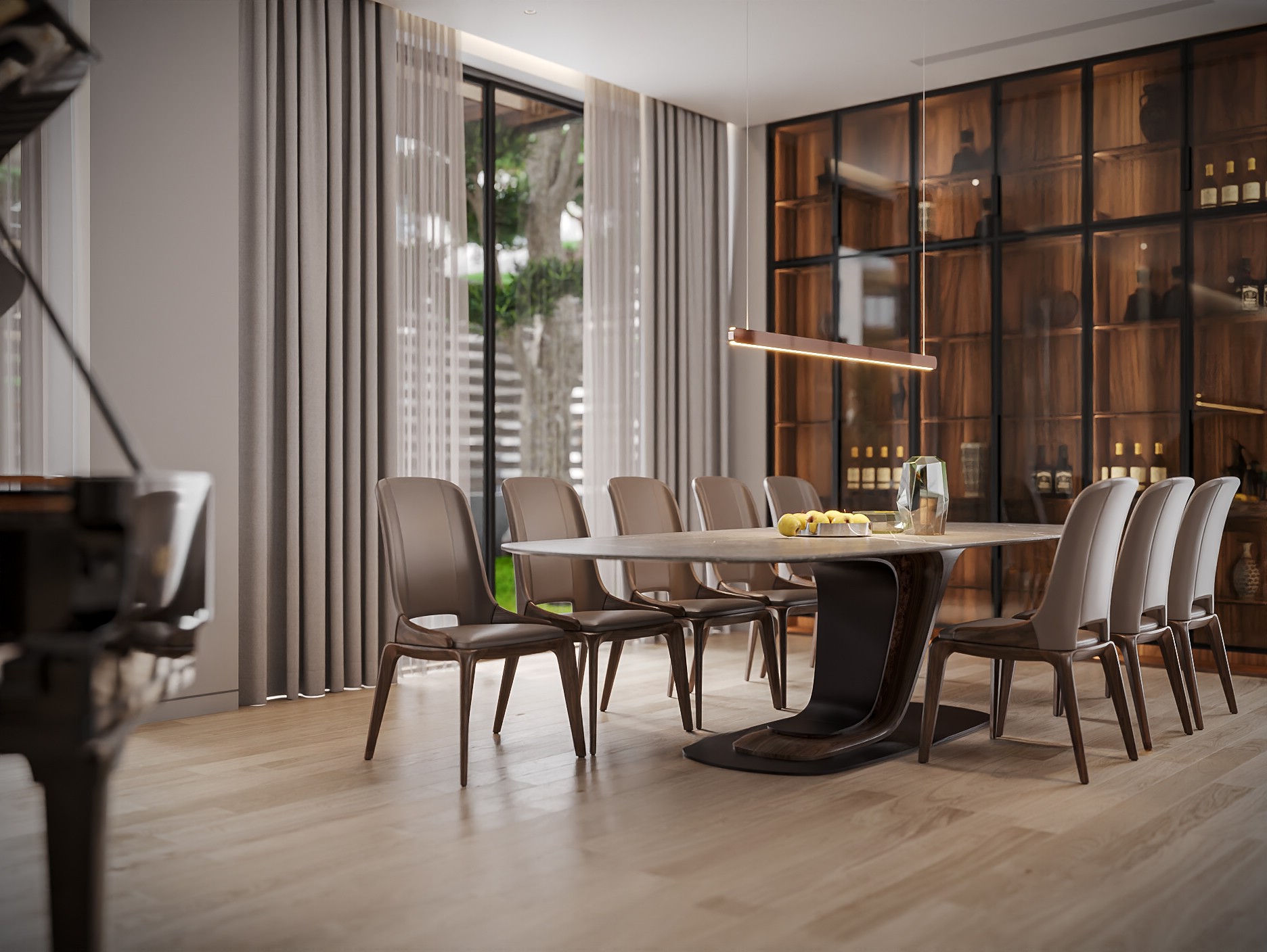 Bàn ăn hiện đại đẹp mặt đá ceramic xám loang đen và chân gỗ chữ Z sang trọng