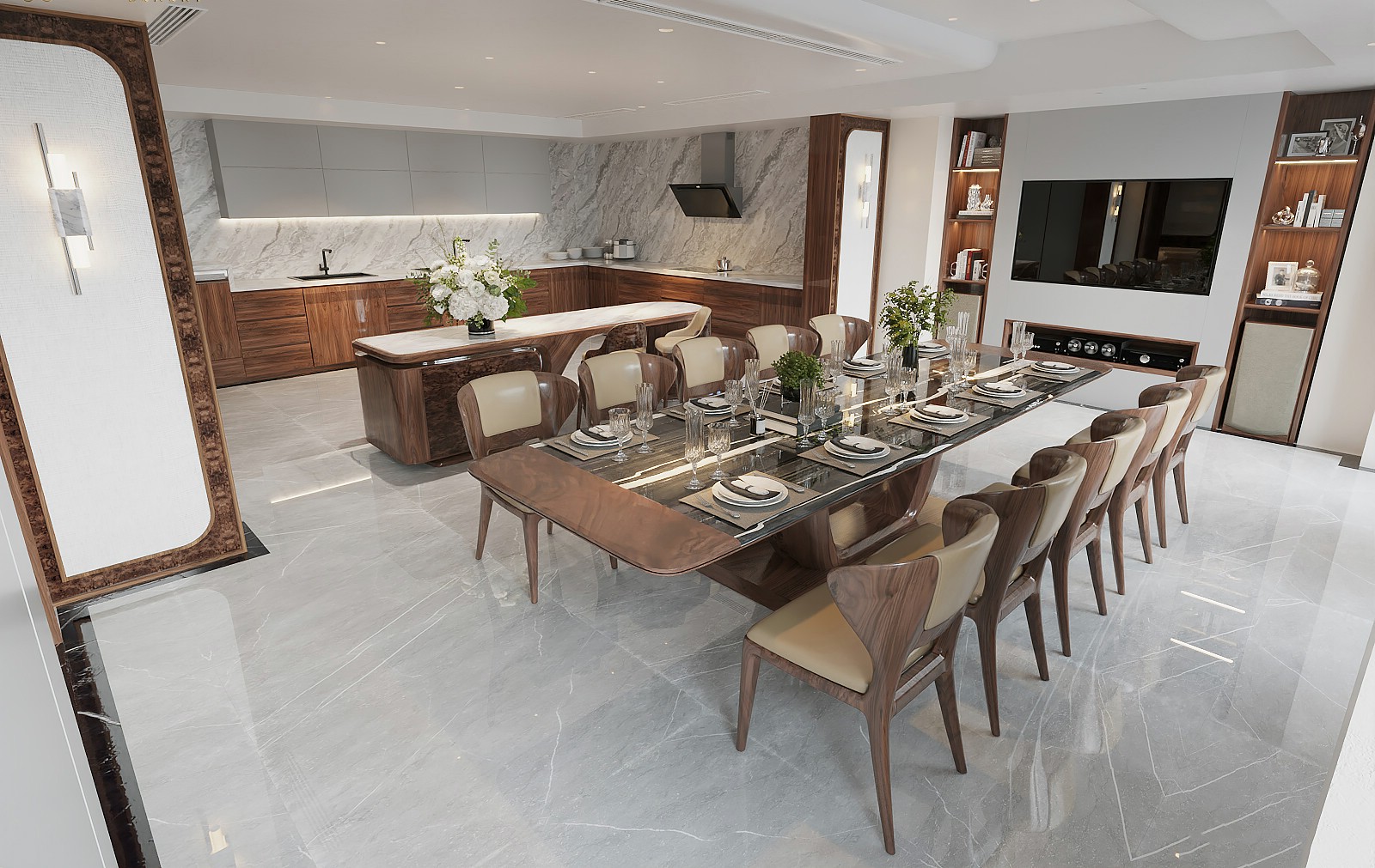 bàn ăn trong bếp 10 ghế mặt kính kết hợp gỗ nâu đậm