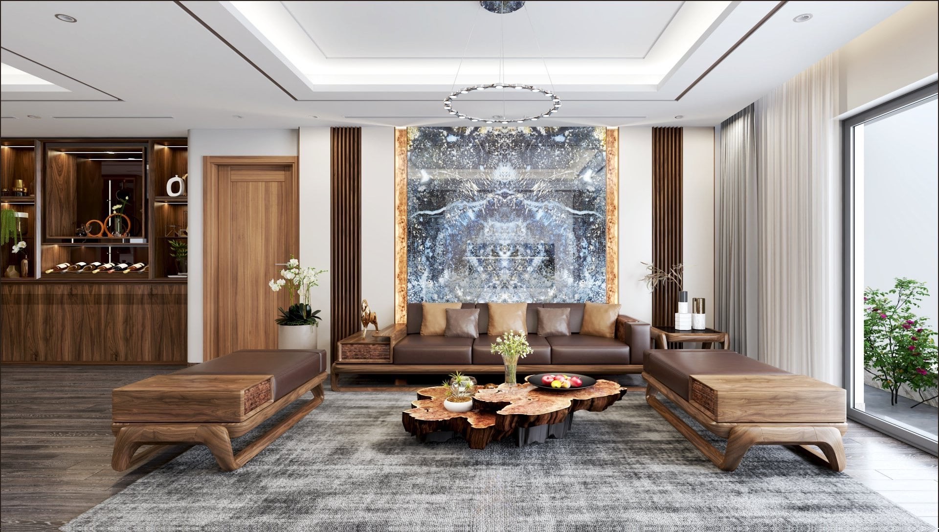 Bàn ghế gỗ phòng khách nhỏ xinh với ghế băng chữ I, đệm da nâu chocolate và bàn trà epoxy Bàn ghế gỗ phòng khách nhỏ xinh với ghế băng chữ I, đệm da nâu chocolate và bàn trà epoxy
