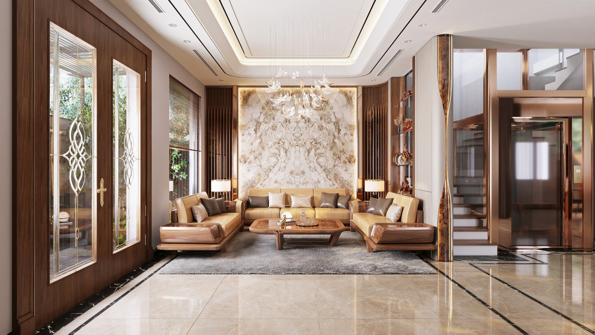 Bàn ghế gỗ sofa phòng khách hiện đại với sofa văng 3 chỗ và bàn trà veneer nu vuông Bàn ghế gỗ sofa phòng khách hiện đại với sofa văng 3 chỗ và bàn trà veneer nu vuông