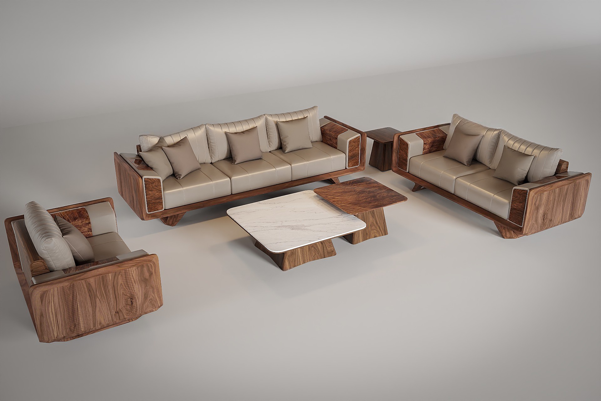 Mẫu bàn ghế phòng khách sofa gỗ óc chó hiện đại với đệm da xám bạc và bàn trà mặt đá trắng Mẫu bàn ghế phòng khách sofa gỗ óc chó hiện đại với đệm da xám bạc và bàn trà mặt đá trắng