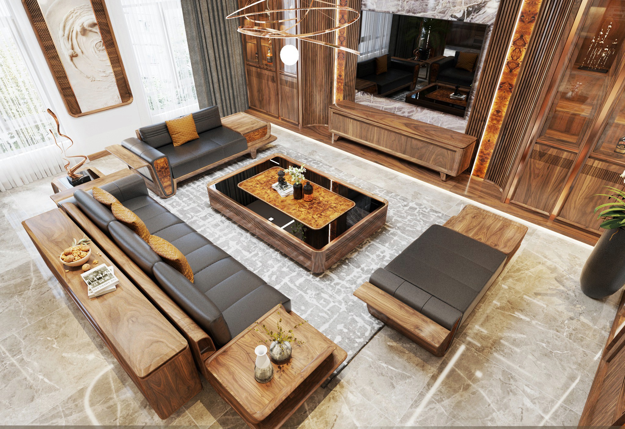 Bộ bàn ghế sofa gỗ cao cấp màu nâu vàng với đệm da đen và bàn trà veneer nu kết hợp kính Bộ bàn ghế sofa gỗ cao cấp màu nâu vàng với đệm da đen và bàn trà veneer nu kết hợp kính
