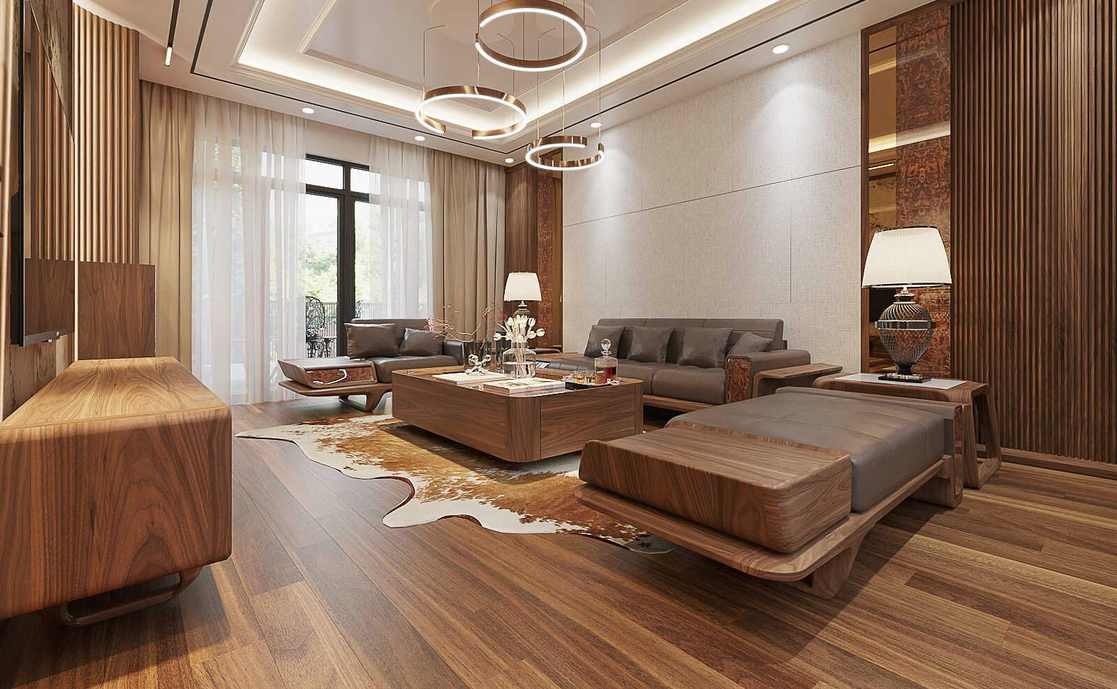 Bàn ghế sofa gỗ phòng khách chung cư với đệm da PU nâu chocolate và bàn trà mặt kính sang trọng