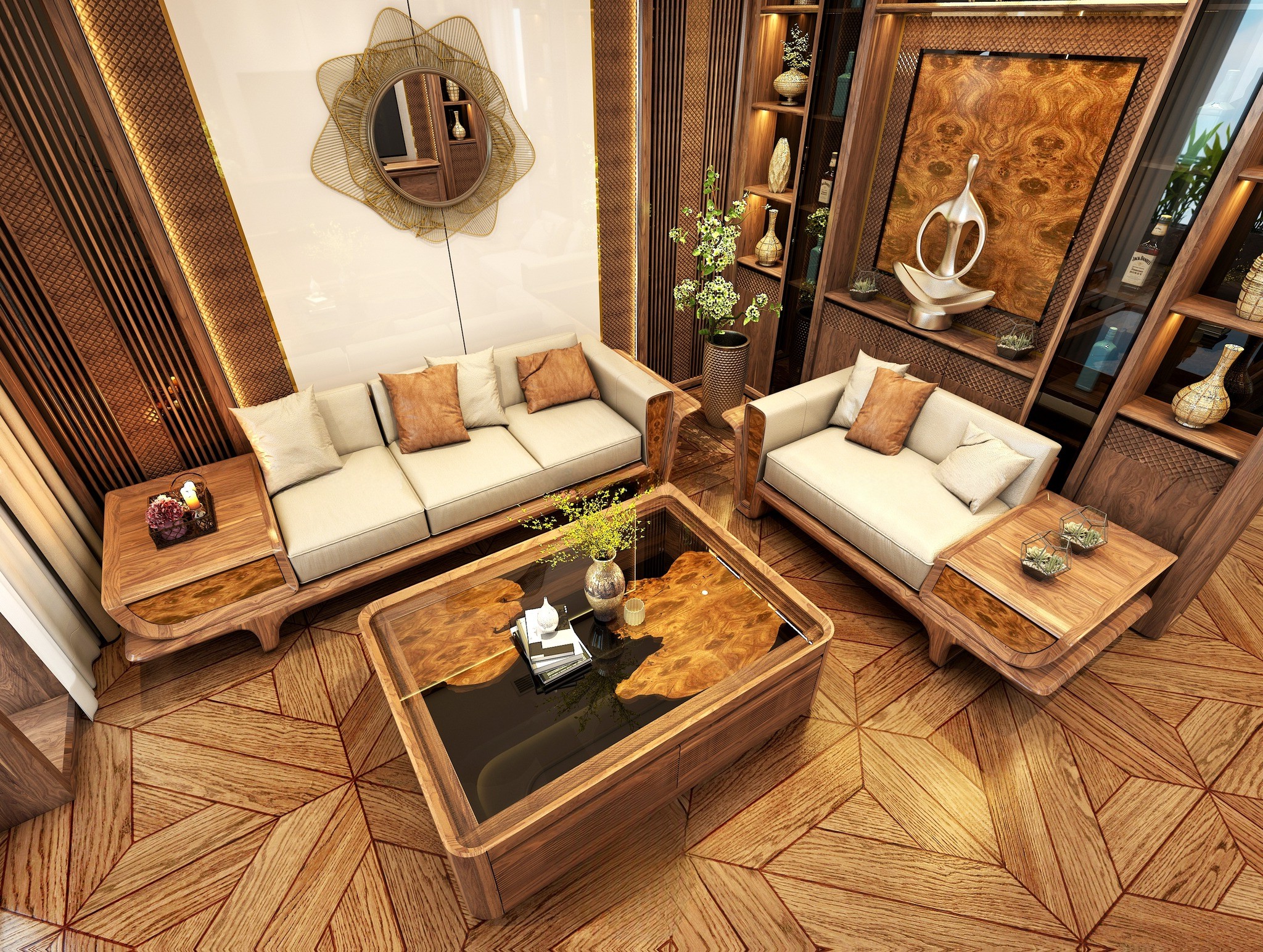 Bộ bàn ghế sofa gỗ phòng khách hiện đại nhỏ gọn với bàn trà mặt kính và ghế tab gắn liền