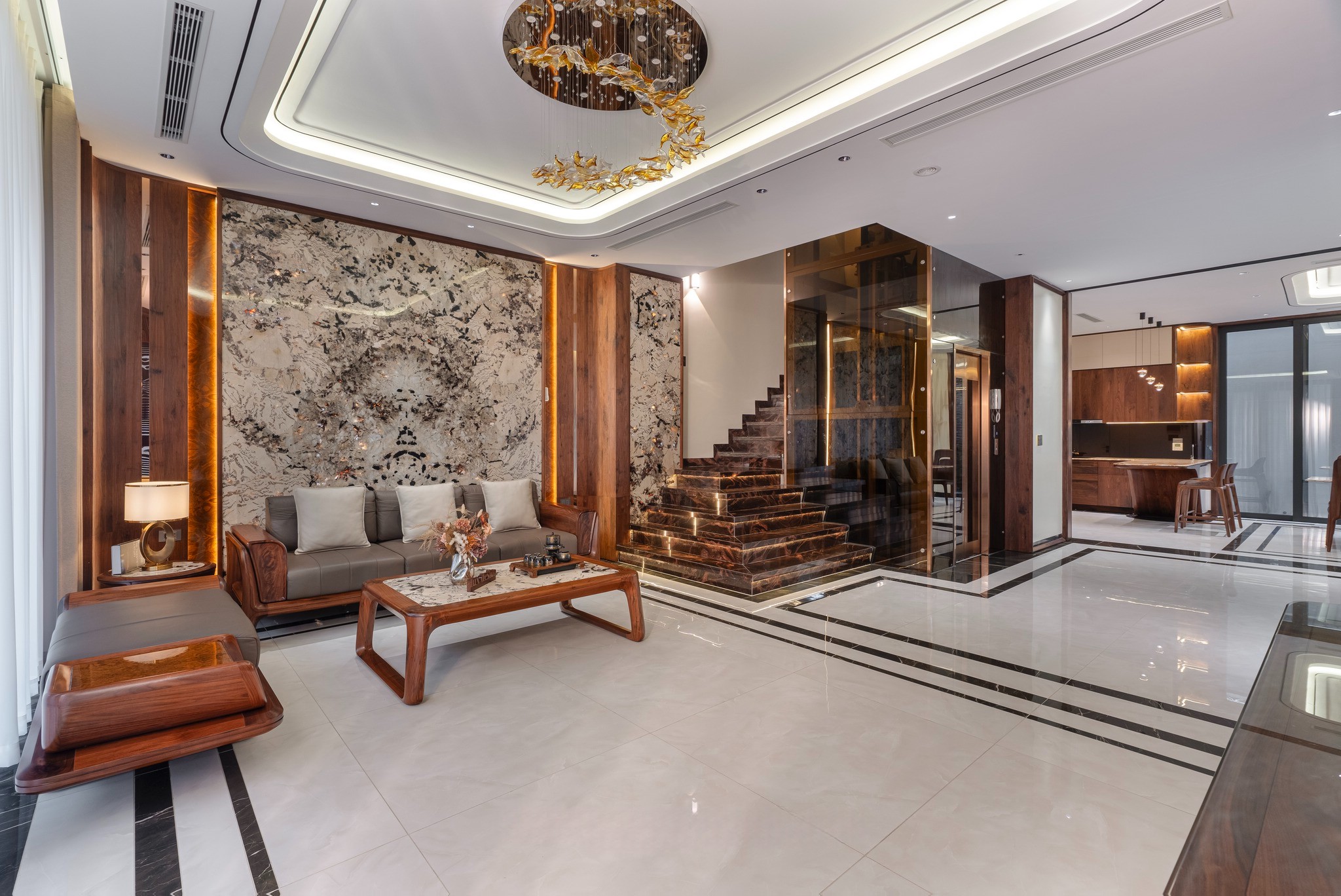 Bộ bàn ghế sofa gỗ phòng khách nhỏ gọn bằng gỗ xoan đào nâu ánh đỏ và bàn trà mặt đá granite trắng loang đen