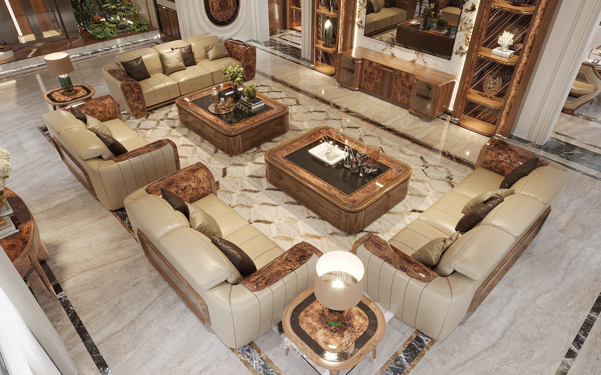 Bộ bàn ghế sofa gỗ phòng khách kích thước lớn hiện đại, bàn trà kính viền gỗ veneer nu Bộ bàn ghế sofa gỗ phòng khách kích thước lớn hiện đại, bàn trà kính viền gỗ veneer nu