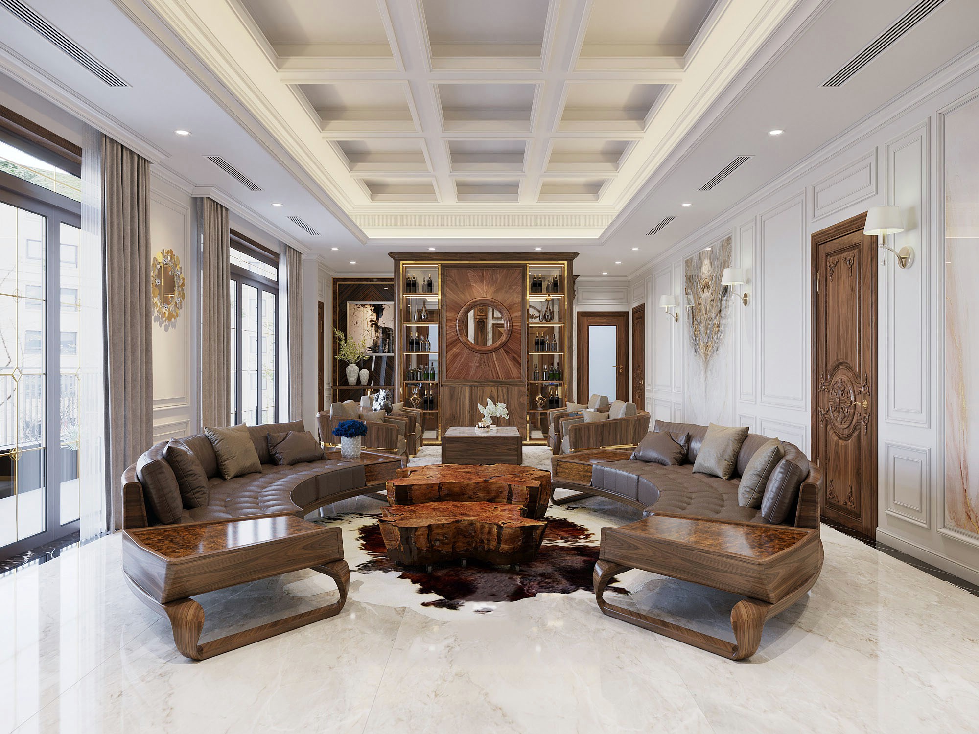 Bàn ghế sofa gỗ tự nhiên 8 chỗ gỗ óc chó màu nâu, đệm da nâu chocolate, bàn trà epoxy nguyên khối Bàn ghế sofa gỗ tự nhiên 8 chỗ gỗ óc chó màu nâu, đệm da nâu chocolate, bàn trà epoxy nguyên khối