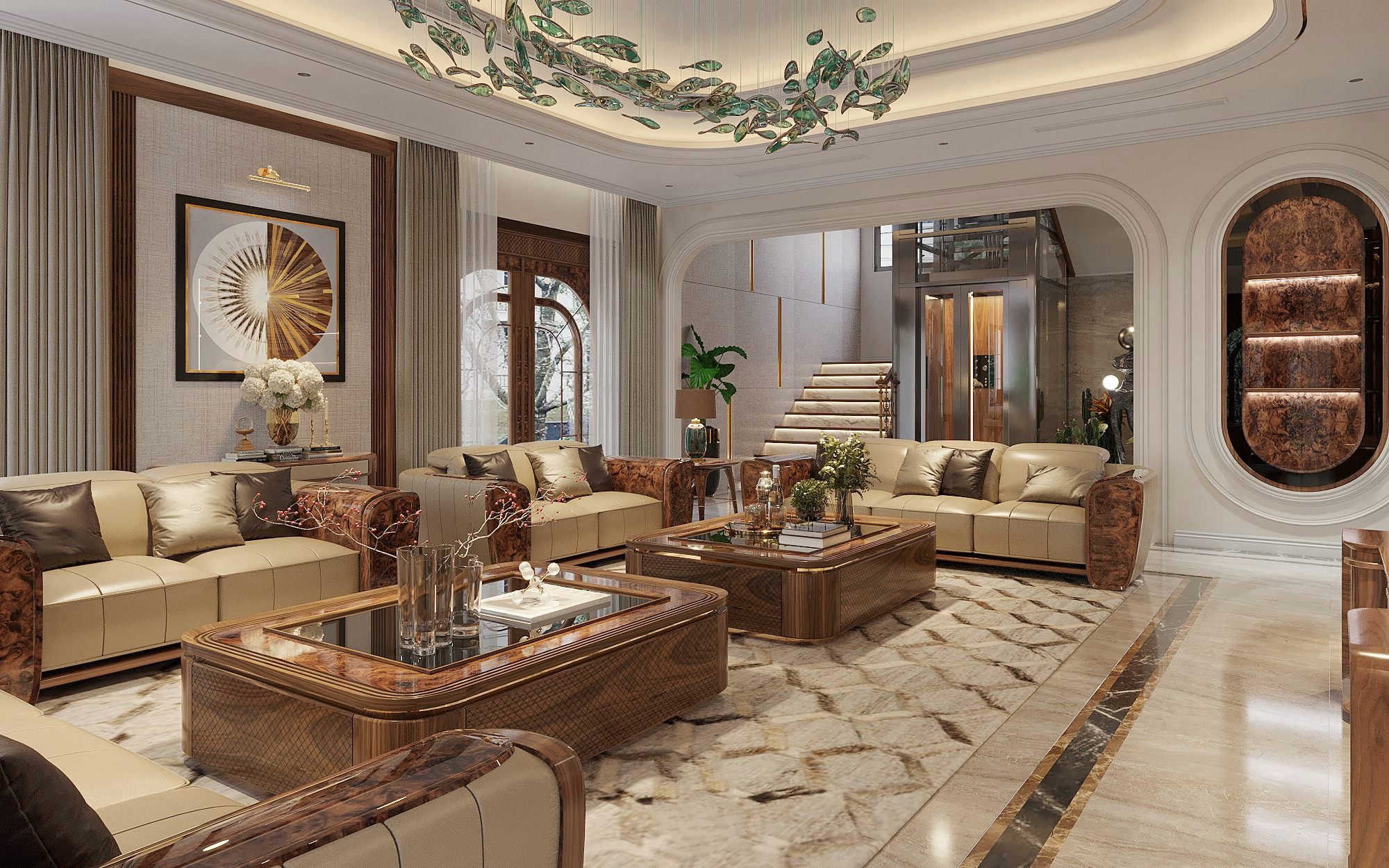 Bàn trà bằng gỗ óc chó tự nhiên với mặt kính và viền veneer nu sang trọng