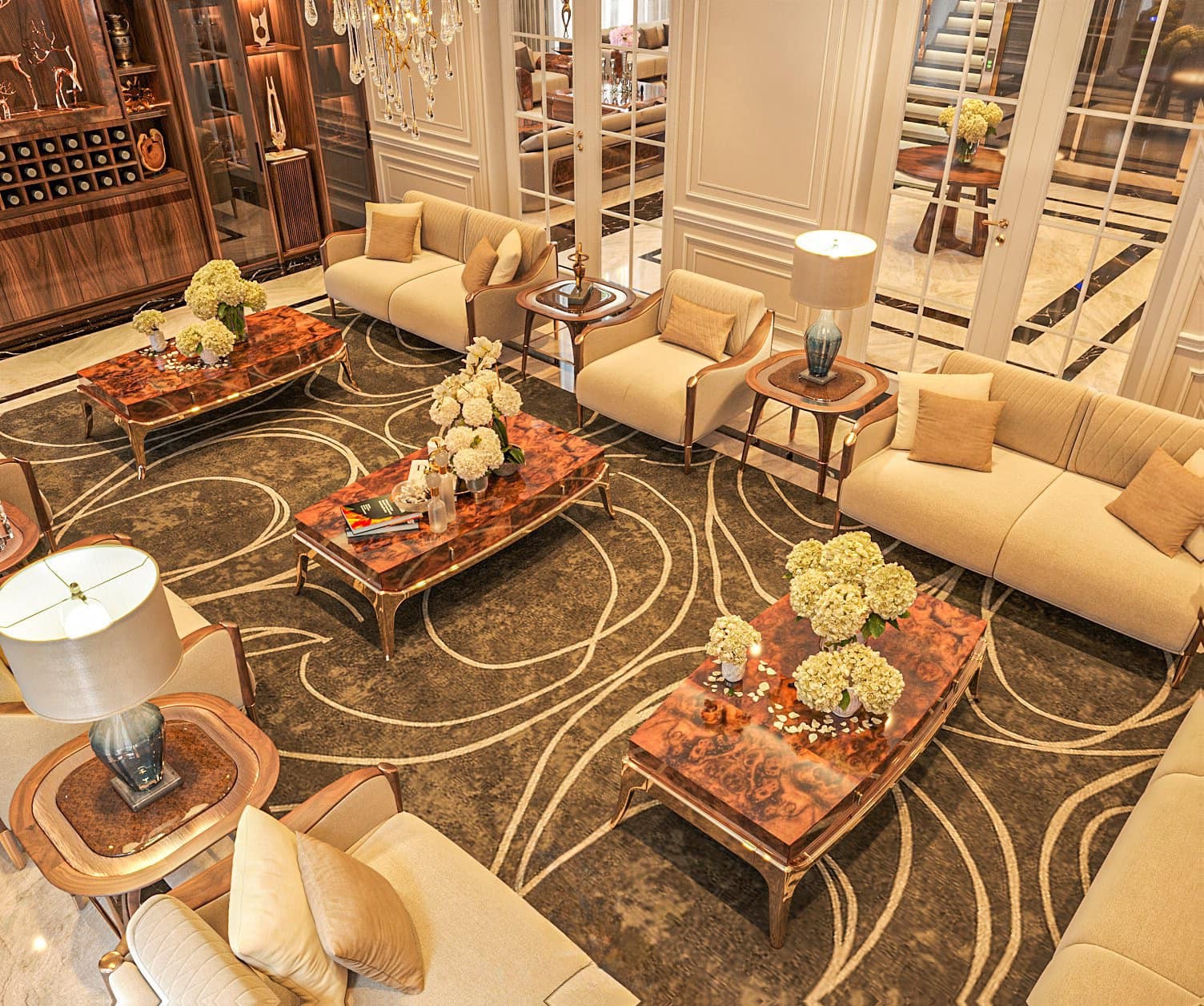 Bàn trà cho sofa mặt veneer nu và chân kim loại mạ vàng