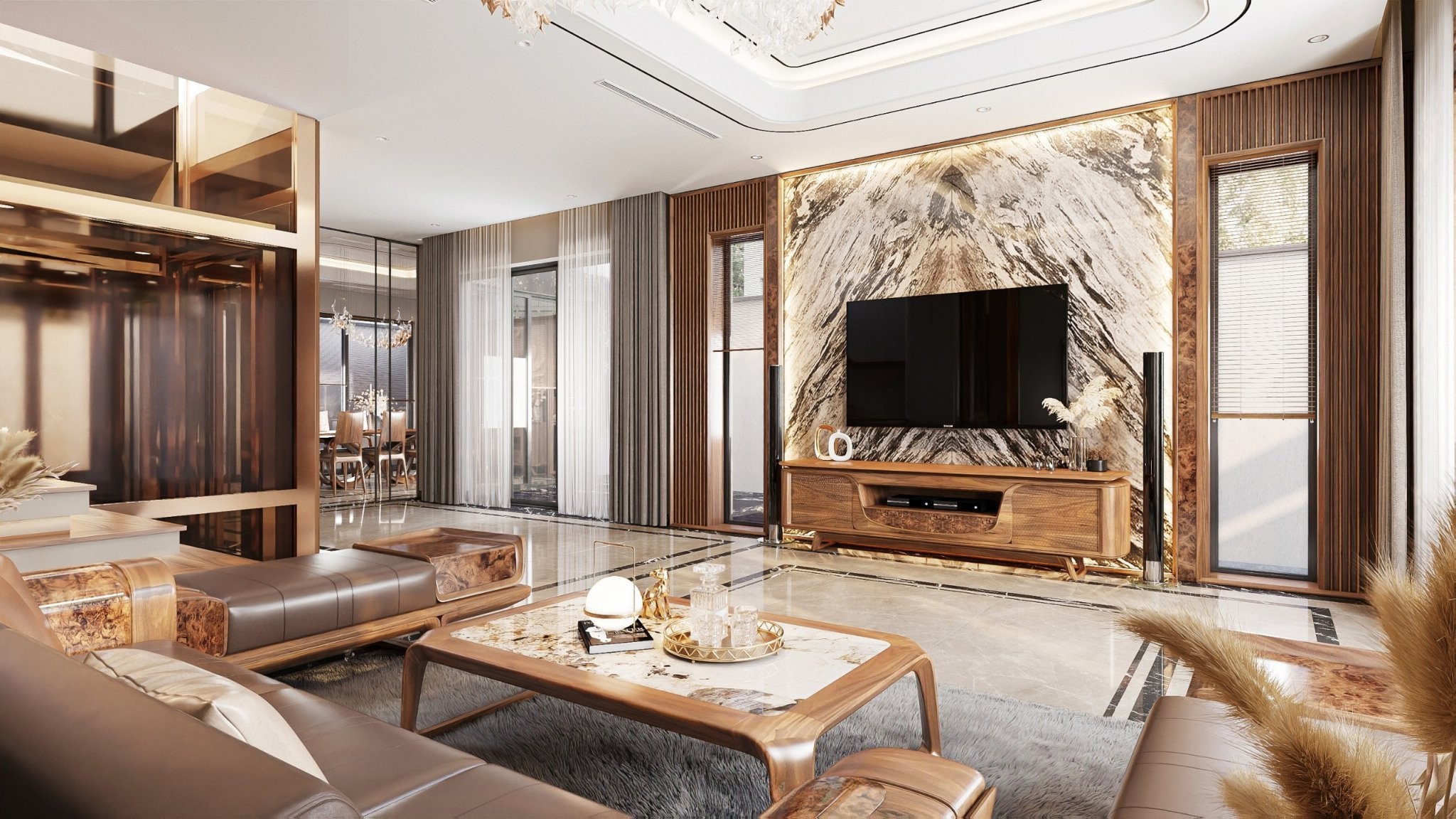 Bàn trà đá ceramic trắng loang vàng đen hiện đại