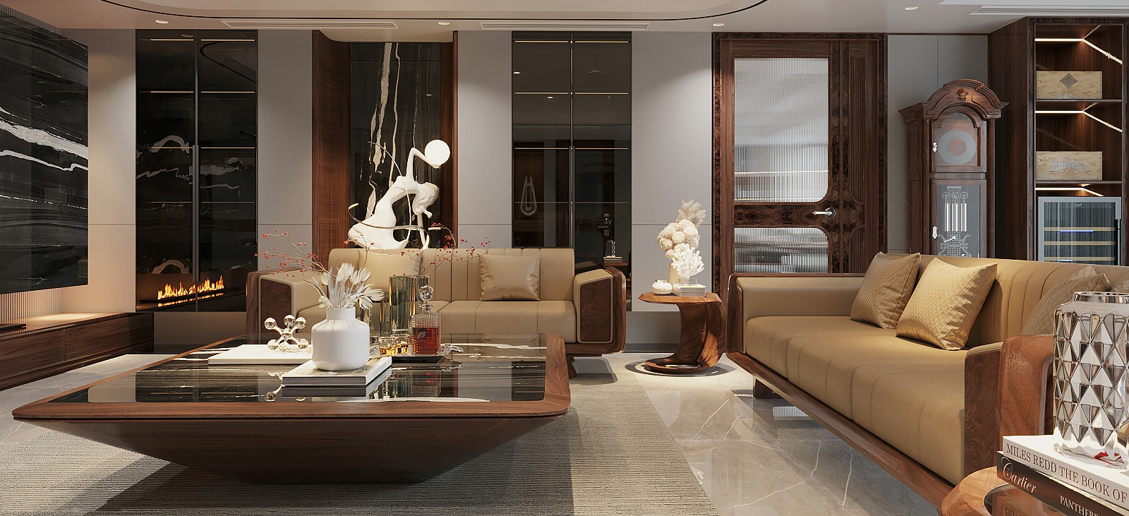 Bàn trà mặt đá tự nhiên hình vuông bo tròn góc khung gỗ óc chó sang trọng Mẫu bàn trà đá tự nhiên mặt đá đen loang trắng khung gỗ óc chó nâu đậm