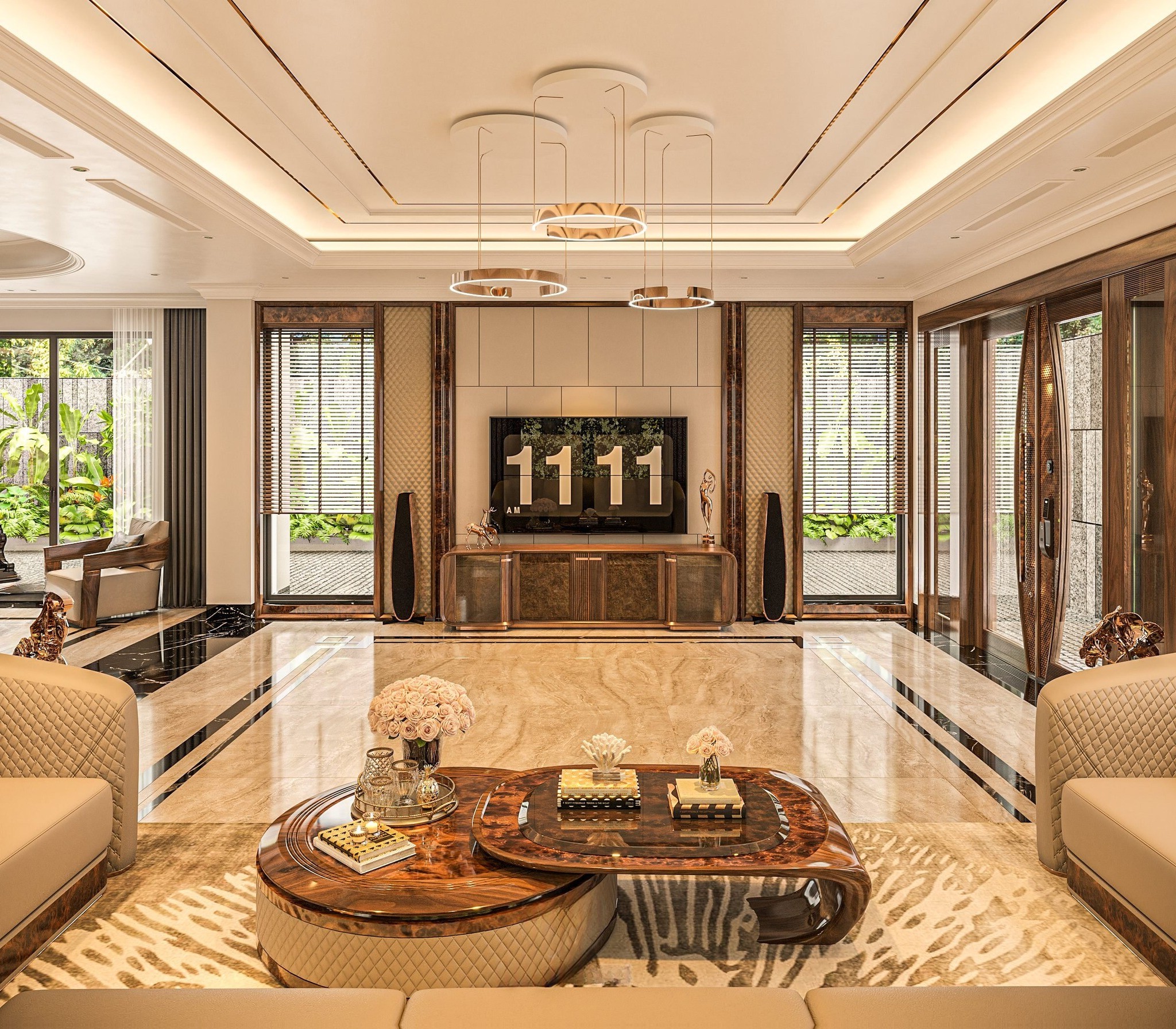 Bàn trà gỗ cao cấp hai tầng tách rời với mặt veneer nu và khung bọc da be đậm