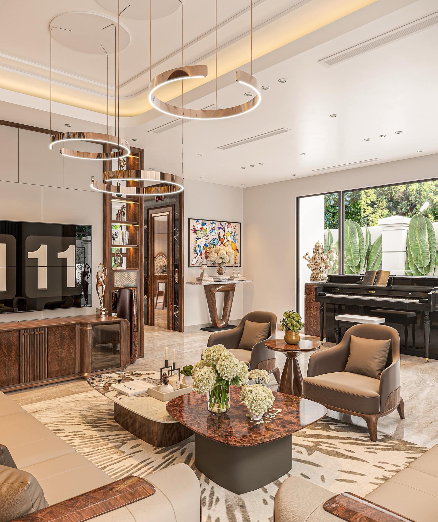 Mẫu bàn trà gỗ hiện đại hai tầng tách rời – vẻ đẹp tinh tế của gỗ và đá Bàn trà gỗ hiện đại hai tầng tách rời với mặt veneer nu nâu đen và mặt đá marble trắng loang xám