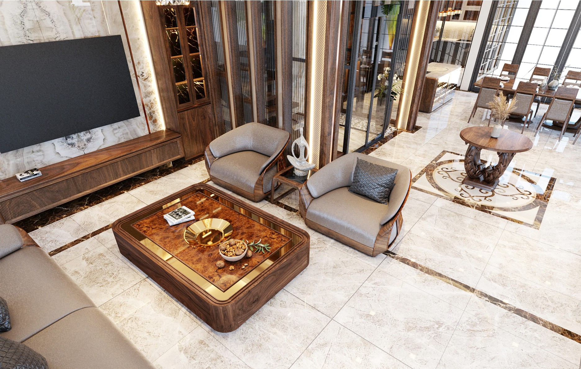 Bàn trà gỗ óc chó tự nhiên sang trọng với mặt veneer nu và kính đen