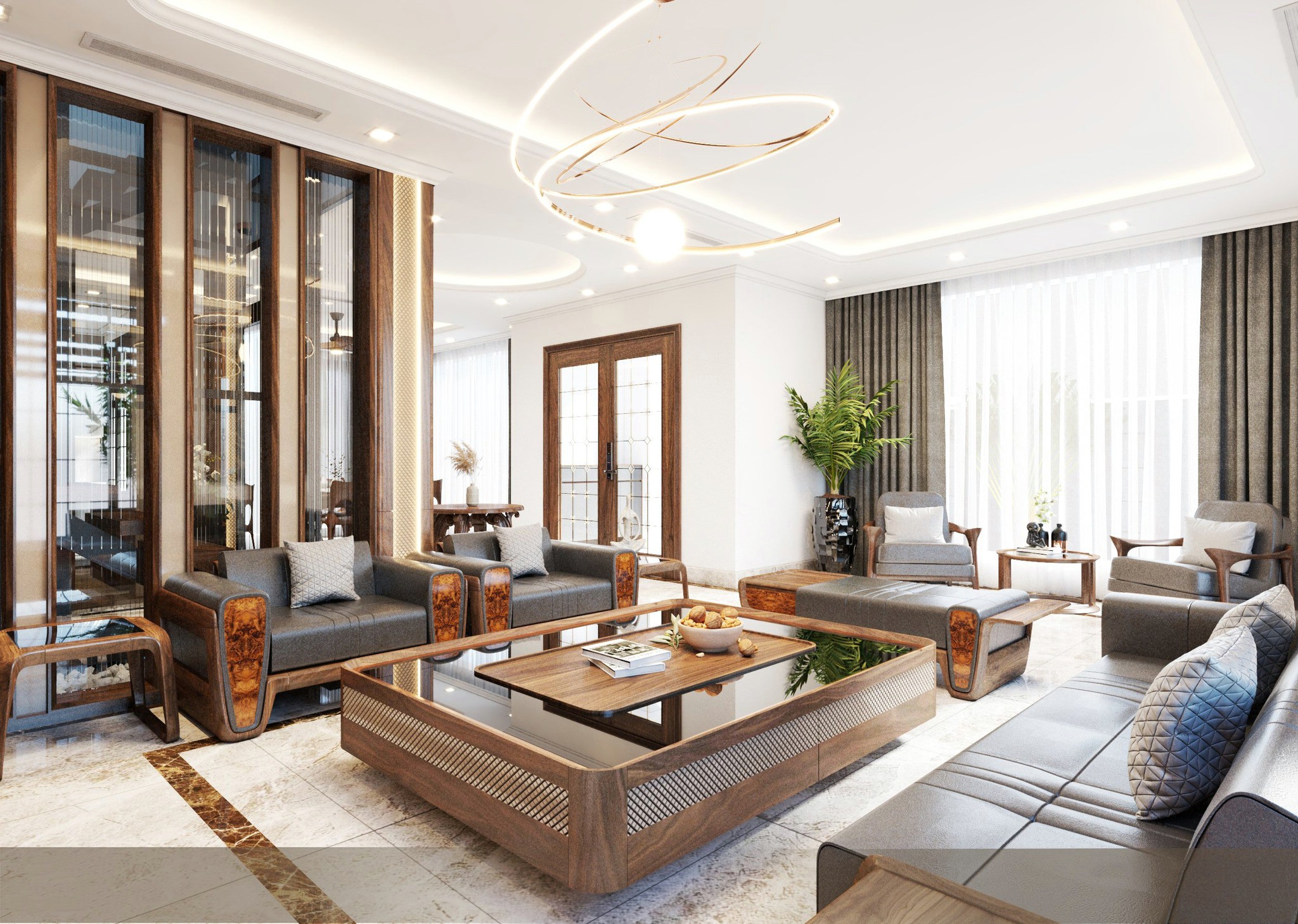 Bàn trà gỗ tự nhiên màu nâu nhạt với mặt kính trong suốt và chi tiết ốp CNC quả trám sang trọng Bàn trà gỗ tự nhiên màu nâu nhạt với mặt kính trong suốt và chi tiết ốp CNC quả trám sang trọng