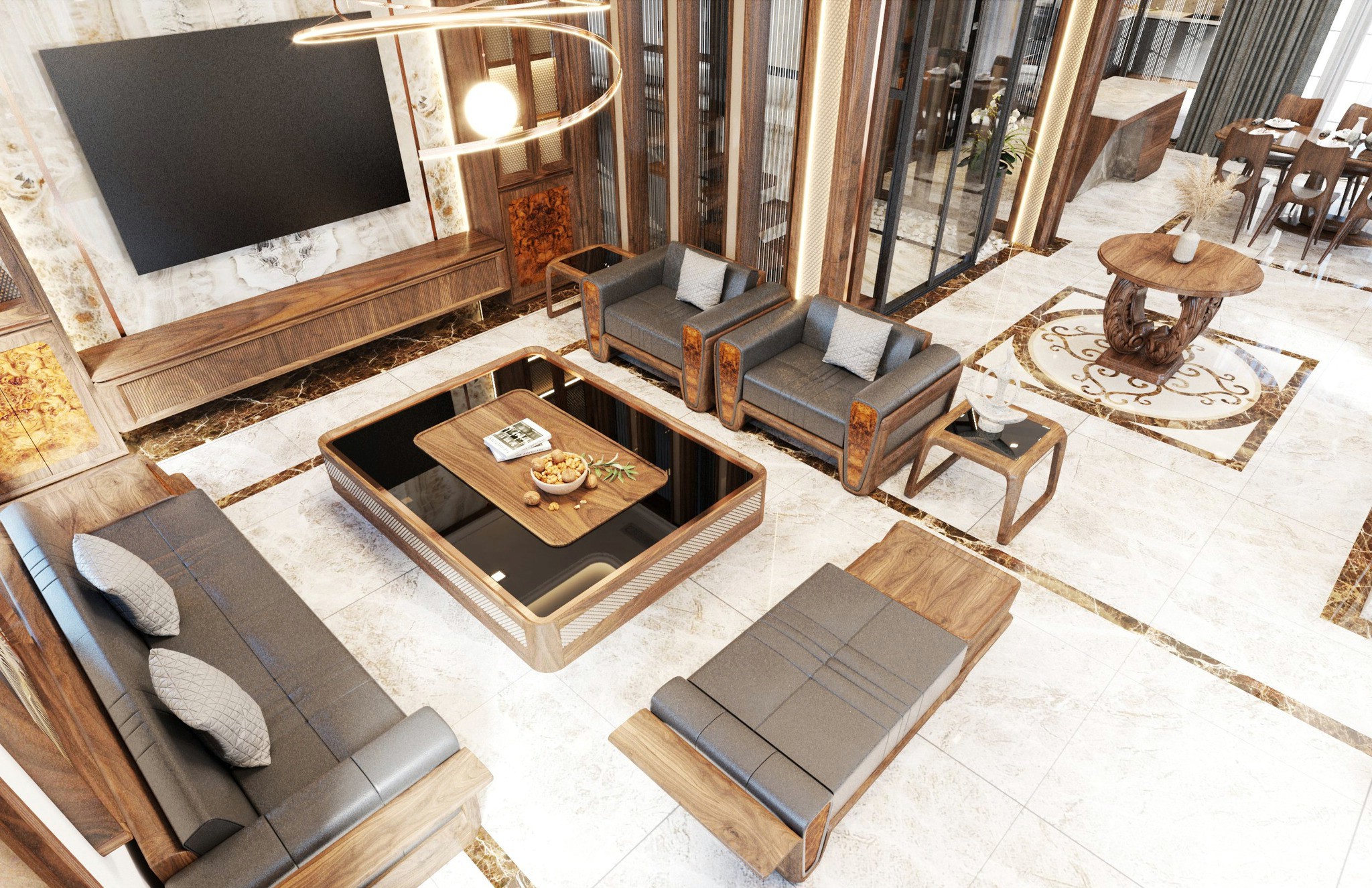 Bàn trà mặt đá chữ nhật hiện đại với khung CNC bạc