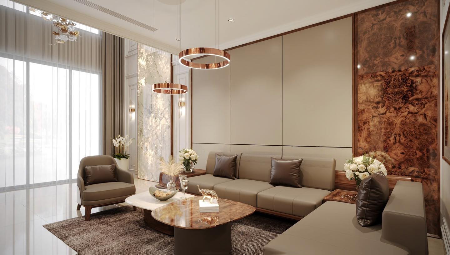 Bàn trà mặt đá đẹp 2 tầng tách rời bằng gỗ veneer nu và đá ceramic trắng hiện đại