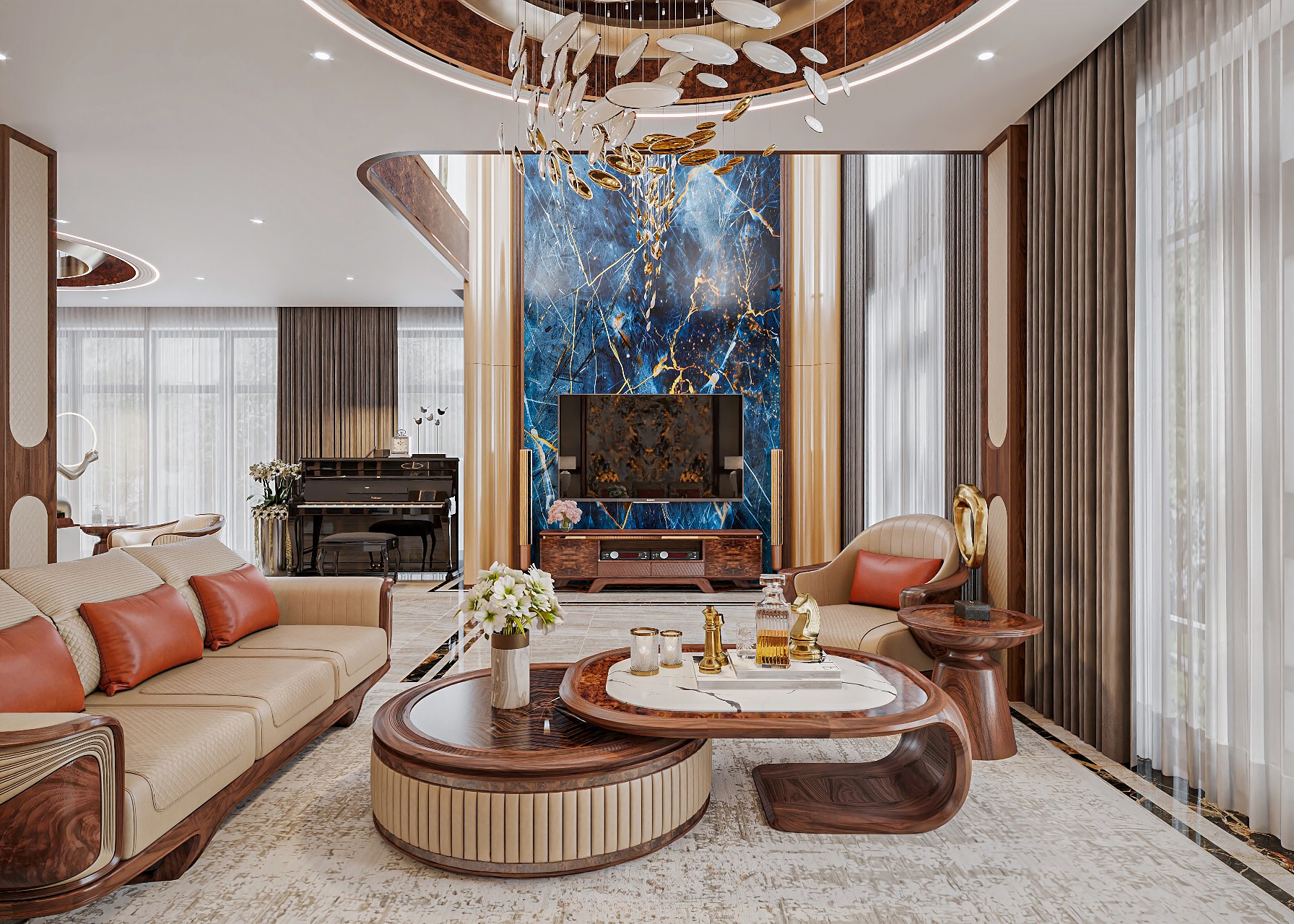 Bàn trà mặt tròn gỗ veneer vân xương cá kết hợp mặt đá ceramic trắng vân đen sang trọng Bàn trà mặt tròn gỗ veneer vân xương cá kết hợp mặt đá ceramic trắng vân đen sang trọng