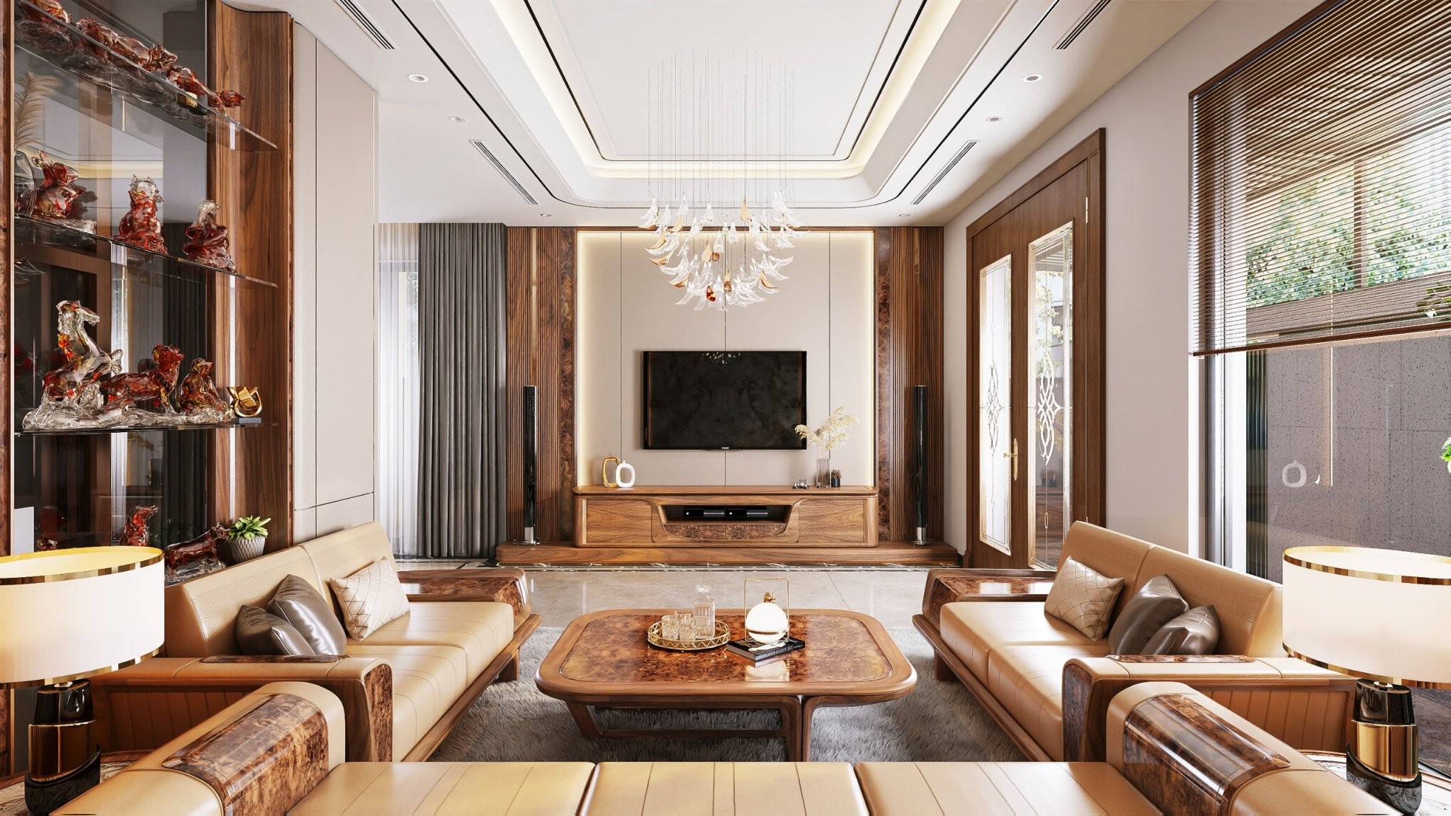 Bàn trà phòng khách hiện đại với mặt veneer nu nâu đen và chân gỗ chữ U uốn cong