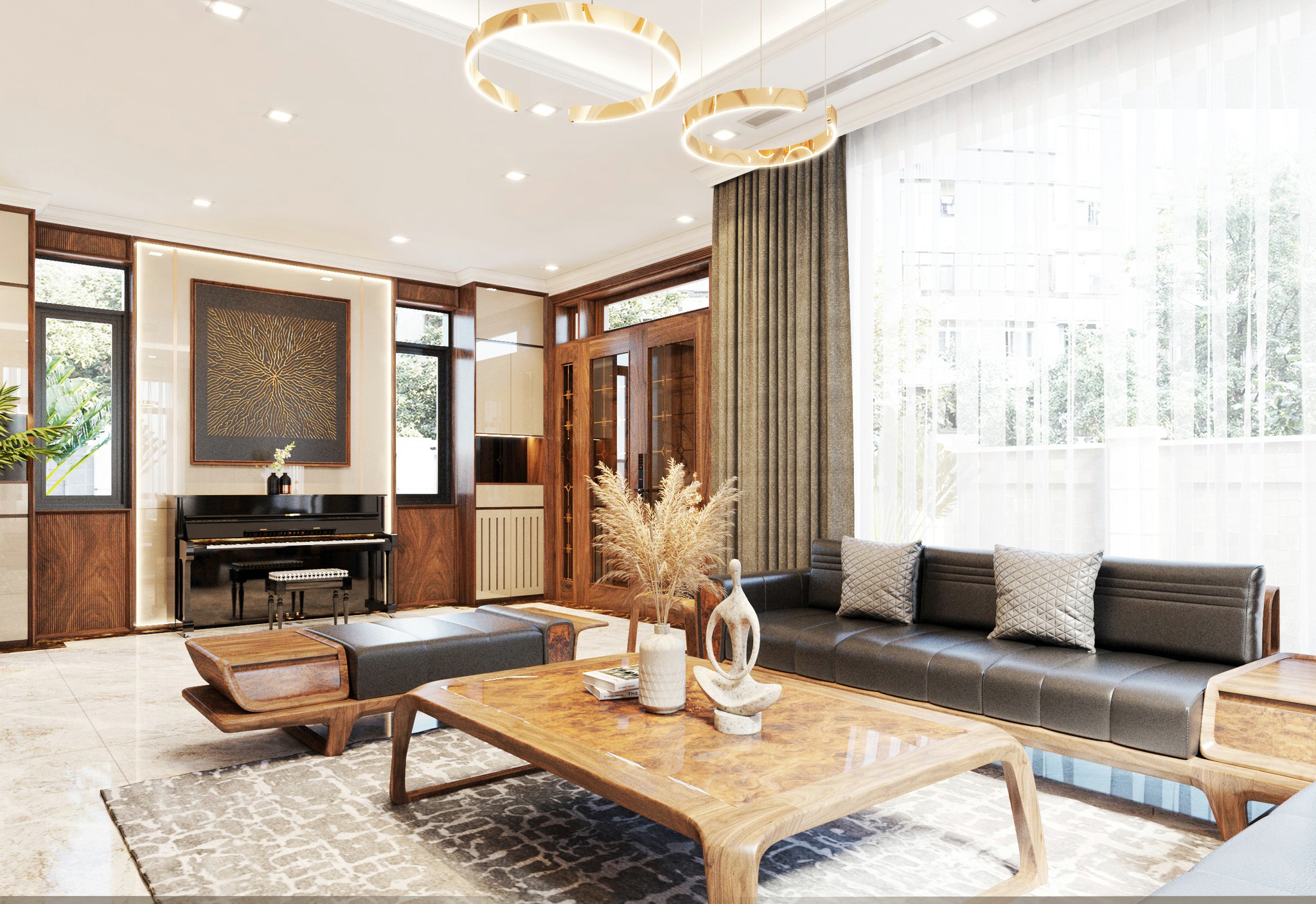 Bàn trà sofa gỗ sồi tự nhiên mặt veneer nu bo tròn góc sang trọng