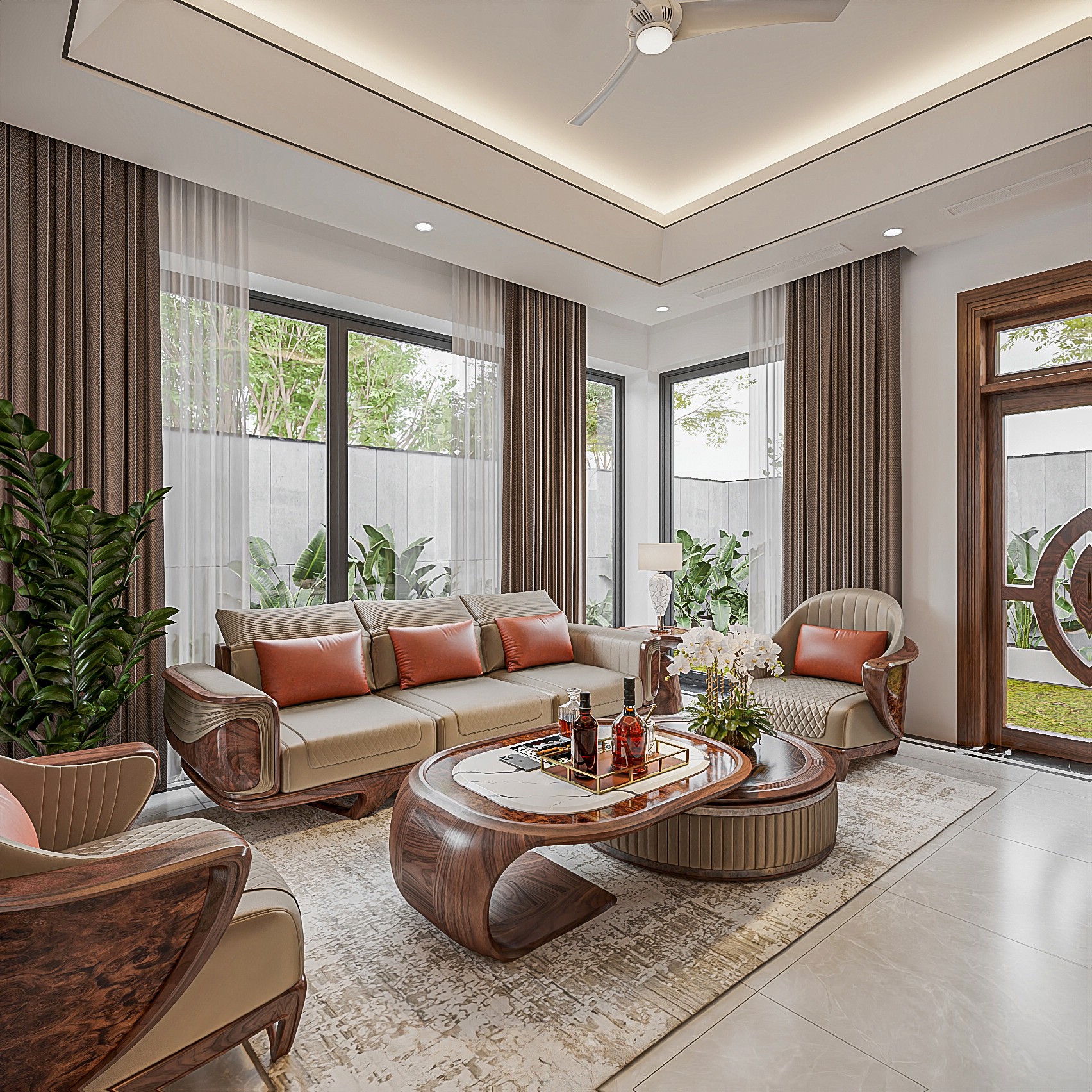 Bàn trà sofa hiện đại 2 tầng tách rời với mặt đá marble trắng vân xám và bàn phụ ốp da Bàn trà sofa hiện đại 2 tầng tách rời với mặt đá marble trắng vân xám và bàn phụ ốp da