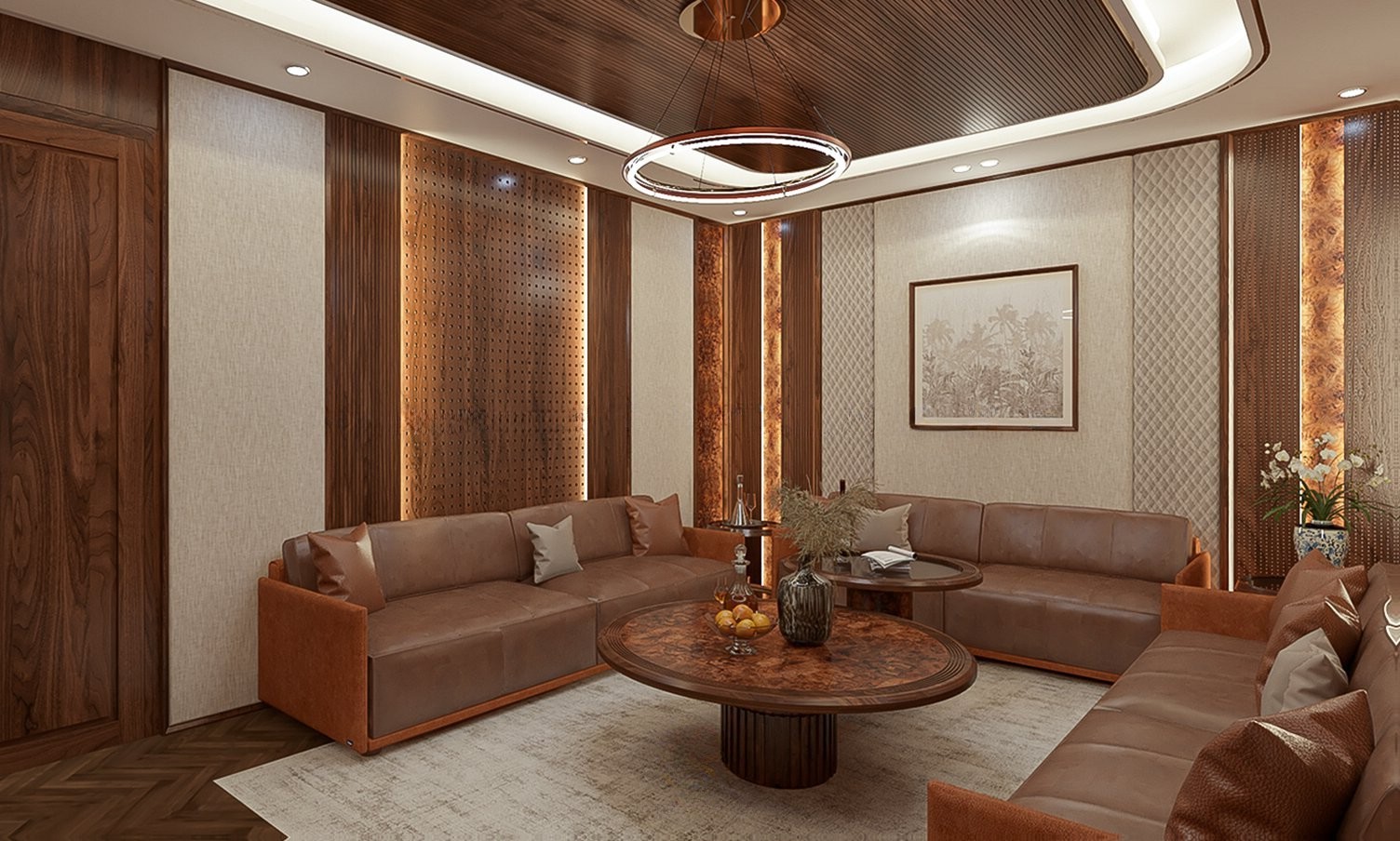 Bàn trà sofa mặt đá tròn gỗ óc chó nâu đậm với bàn cao – thấp tách rời hiện đại