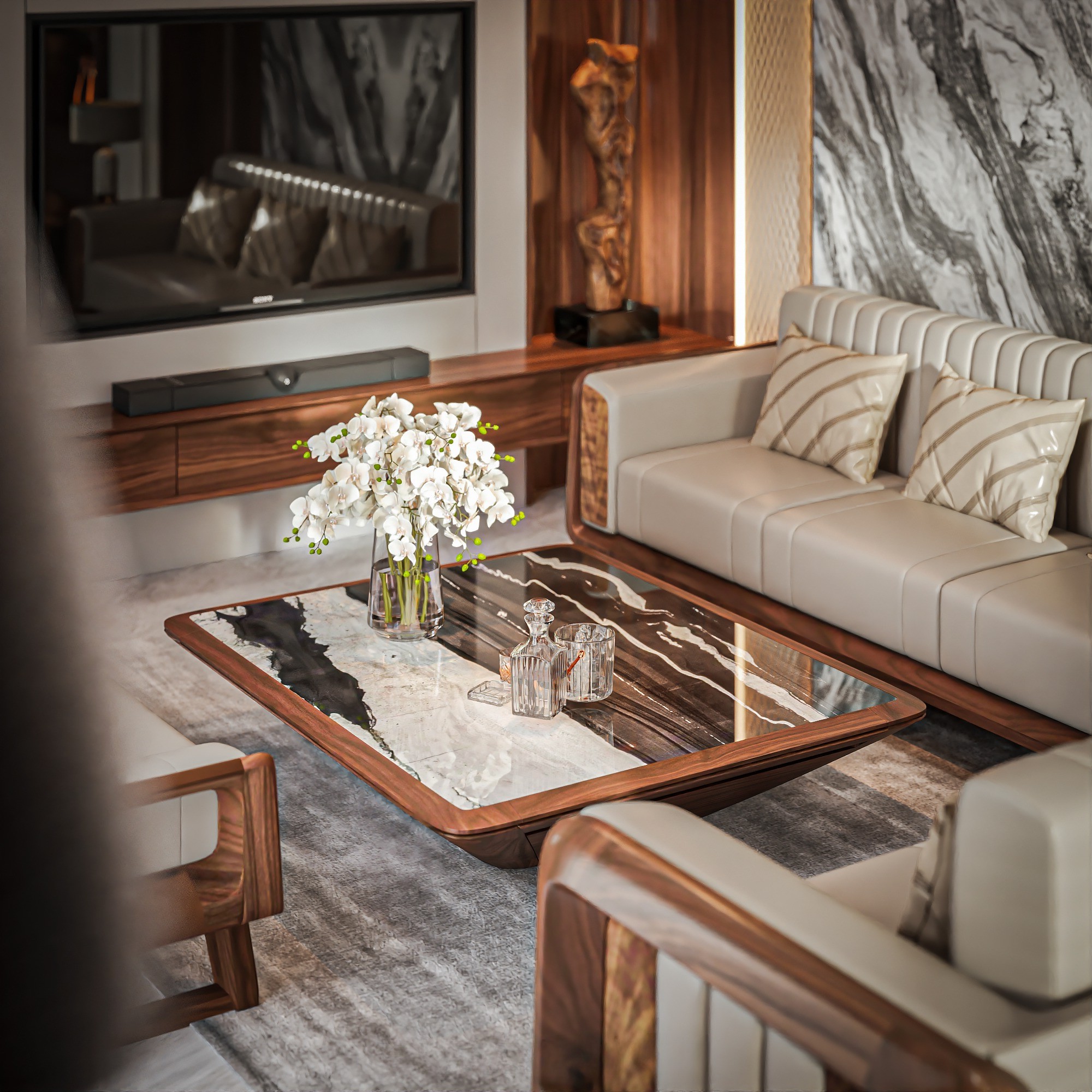 Bàn trà sofa mặt đá nhân tạo trắng loang đen xám với khung gỗ óc chó bo tròn hiện đại Bàn trà sofa mặt đá nhân tạo trắng loang đen xám với khung gỗ óc chó bo tròn hiện đại