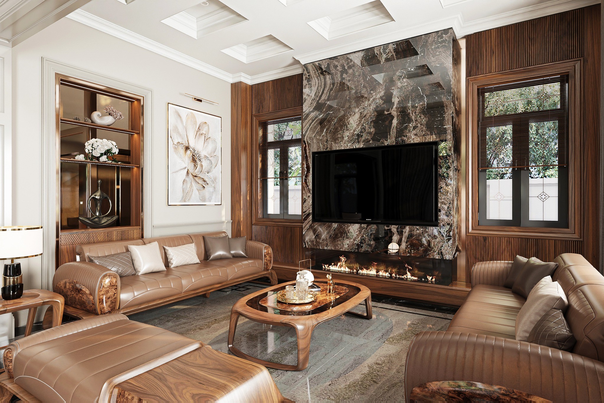 Mẫu bàn trà sofa phòng khách hiện đại bằng gỗ veneer nu và kính trong suốt sang trọng Bàn trà sofa phòng khách mặt veneer nu, viền gỗ óc chó, chân chữ U liền khối hiện đại