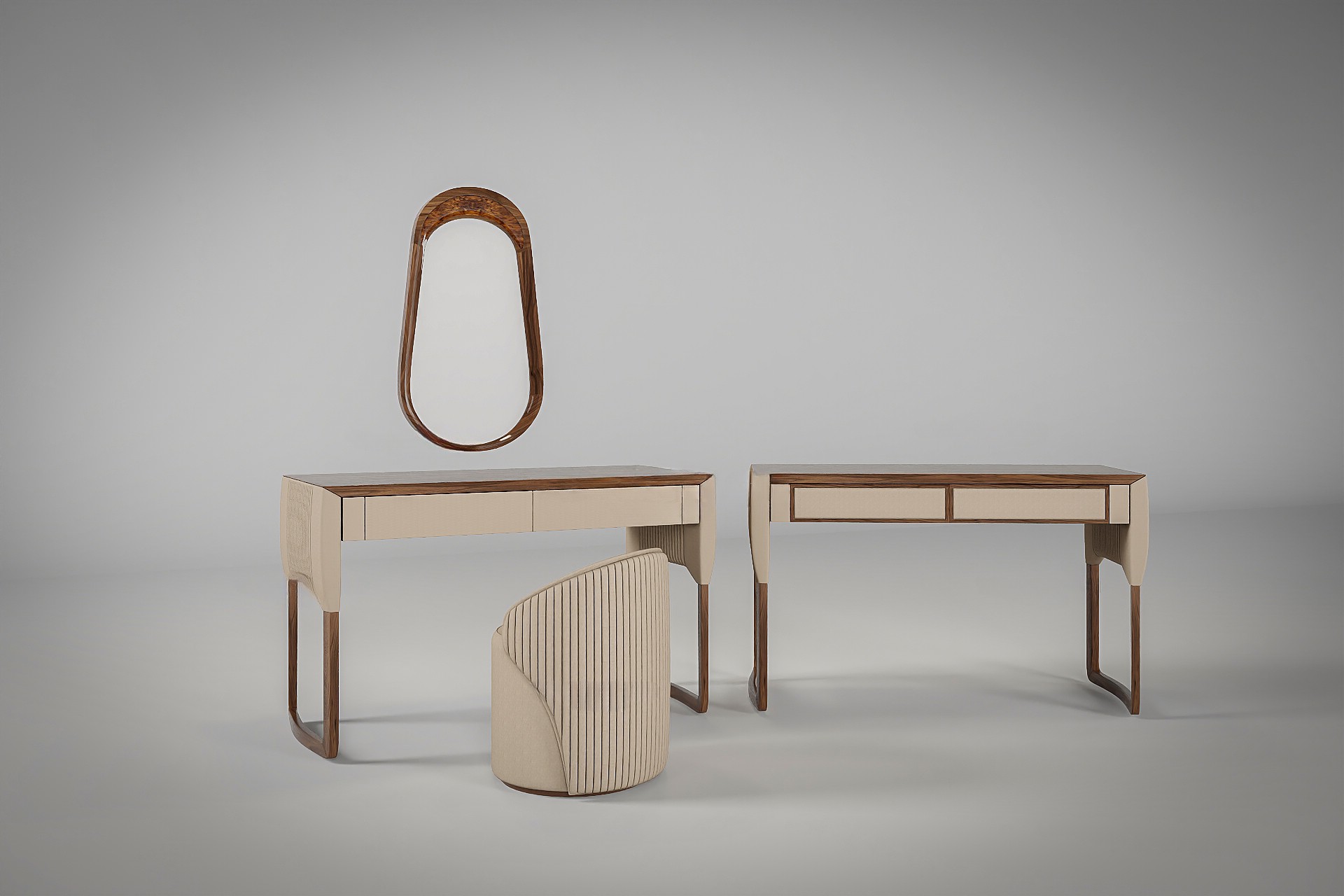 Bàn trang điểm gỗ cao cấp hiện đại với gương oval viền gỗ và ghế ngồi bọc da