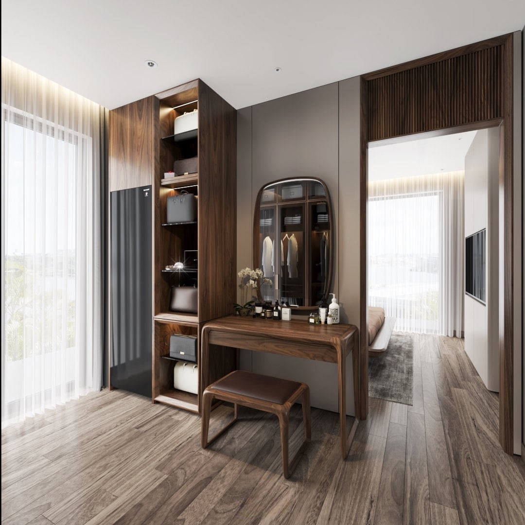 Bàn trang điểm gỗ tự nhiên hiện đại với thiết kế chữ U và gương bầu dục viền gỗ Bàn trang điểm gỗ tự nhiên hiện đại với thiết kế chữ U và gương bầu dục viền gỗ