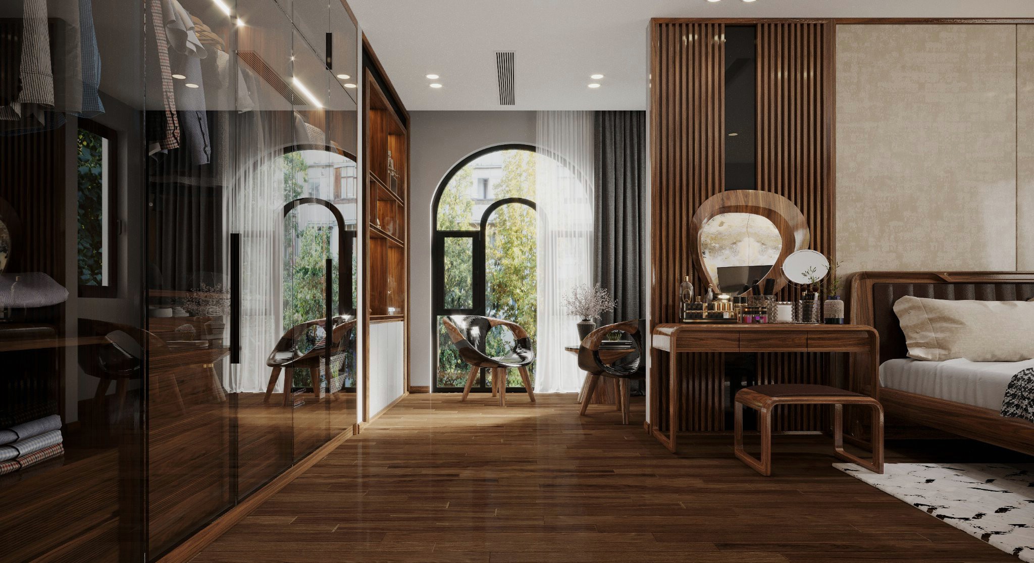 Bàn trang điểm phòng ngủ gỗ tự nhiên với ghế đôn bọc da và gương treo viền gỗ Bàn trang điểm phòng ngủ gỗ tự nhiên với ghế đôn bọc da và gương treo viền gỗ
