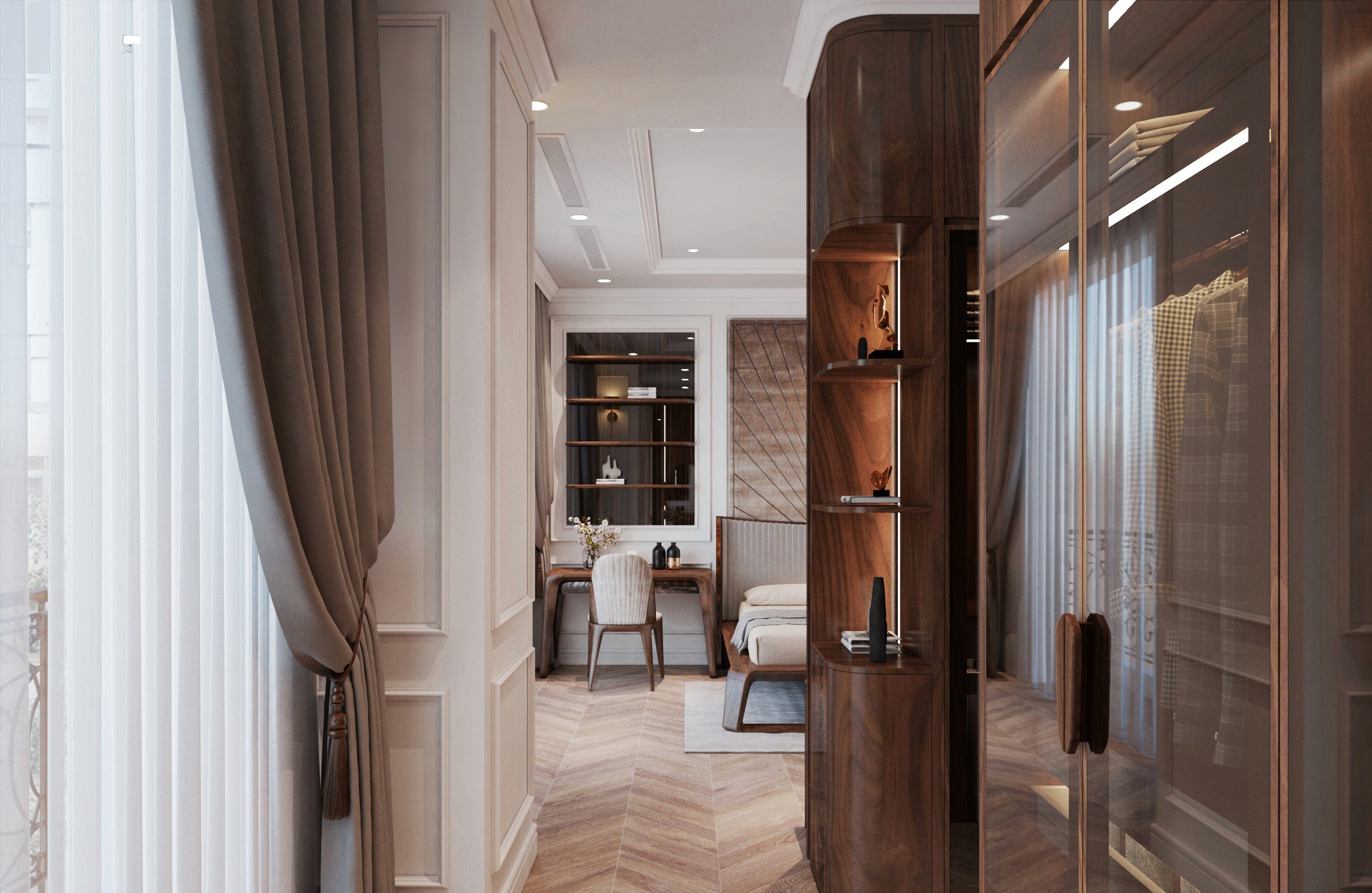 Bàn trang điểm trong phòng ngủ gỗ xoan đào hiện đại