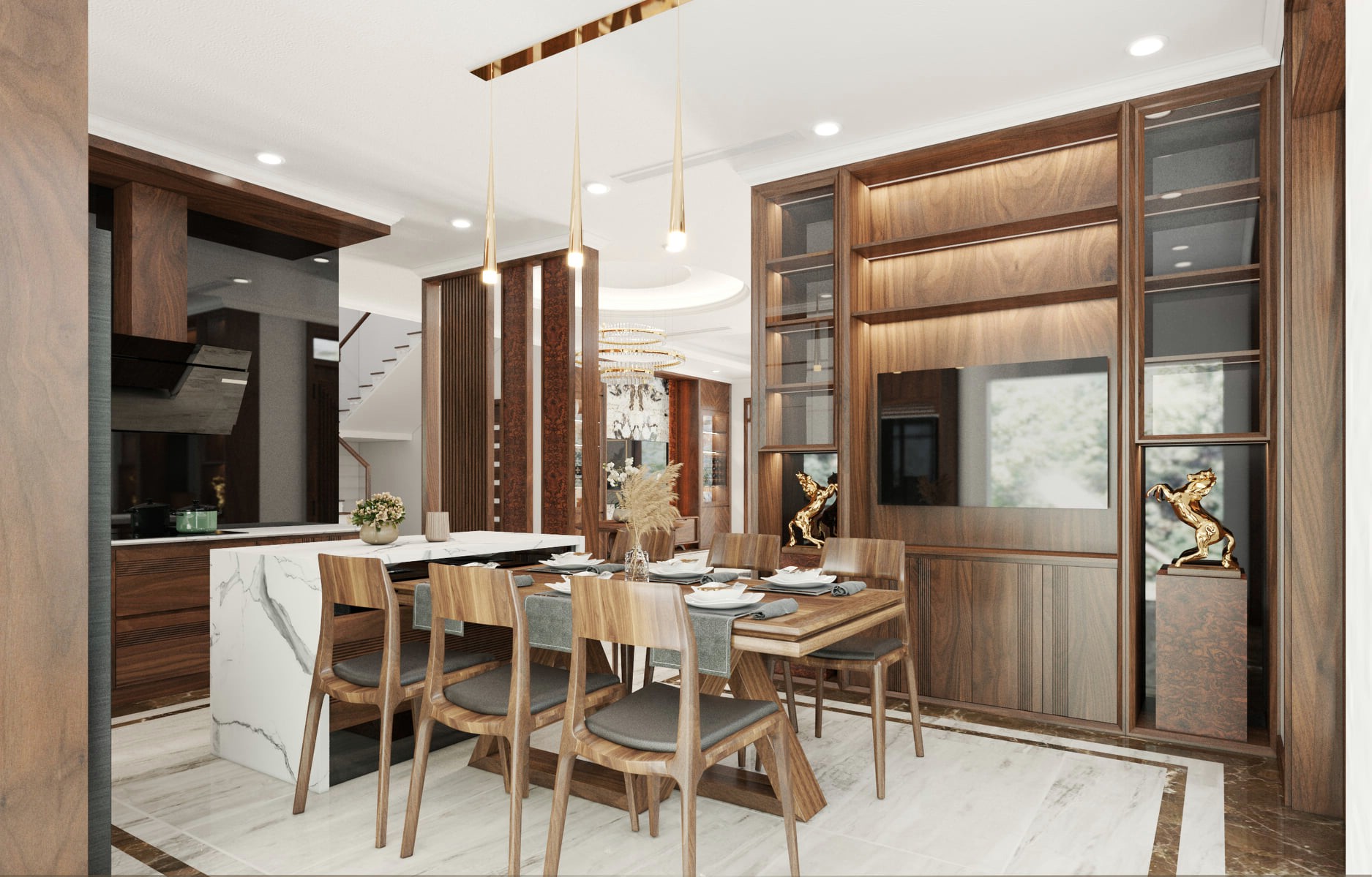 Bộ bàn ăn cho phòng bếp nhỏ bằng gỗ tự nhiên nâu vàng 6 ghế sang trọng