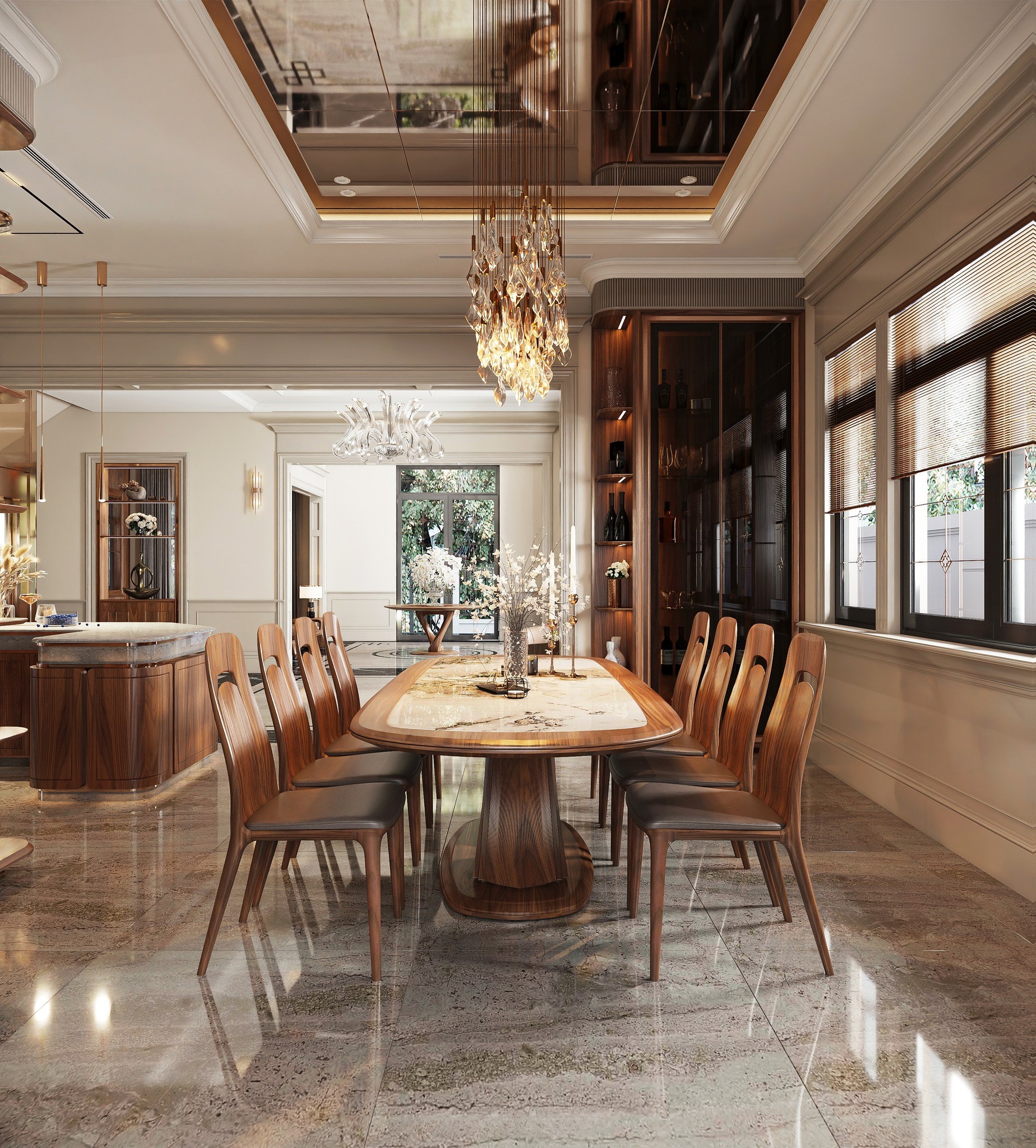 Bộ bàn ăn gỗ cao cấp 8 ghế hiện đại với mặt bàn oval đá cẩm thạch vân vàng đen và ghế tựa cong bọc da Bộ bàn ăn gỗ cao cấp 8 ghế hiện đại với mặt bàn oval đá cẩm thạch vân vàng đen và ghế tựa cong bọc da