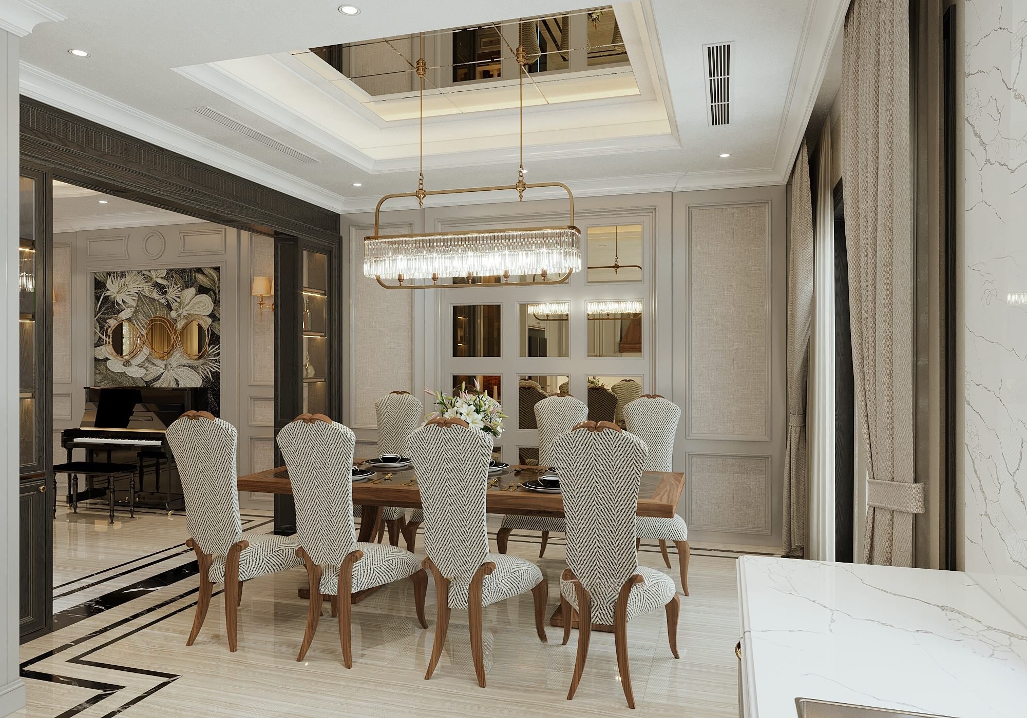 Bộ bàn ăn nhà hàng với ghế bọc vải và bàn gỗ sồi Mỹ mặt đá