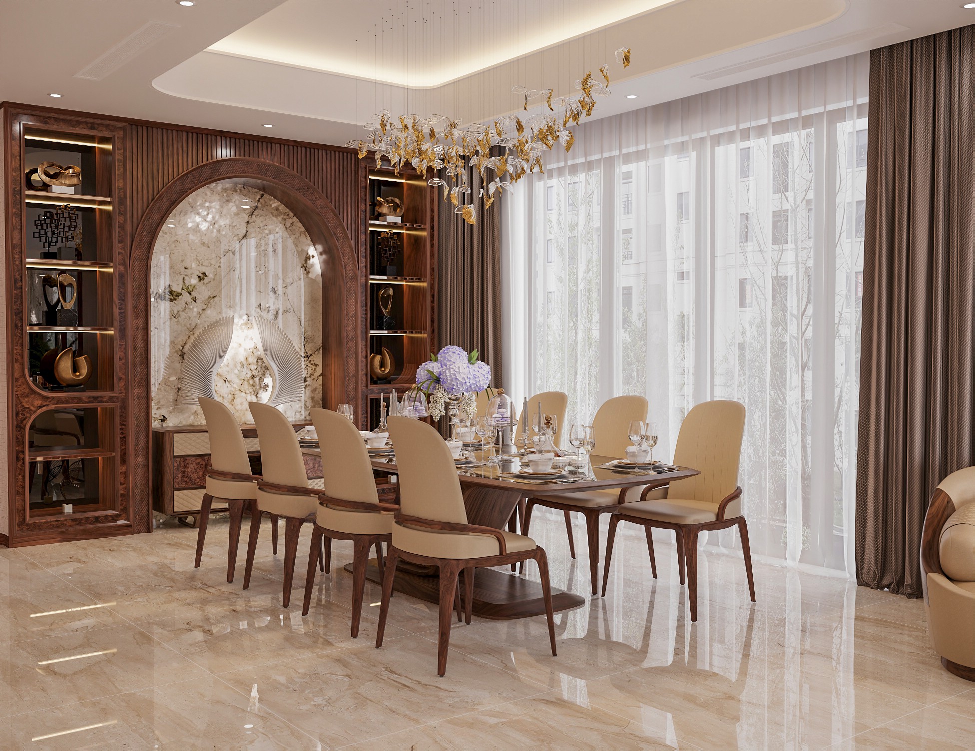 Bộ bàn ăn 8 ghế gỗ tự nhiên, mặt kính sang trọng