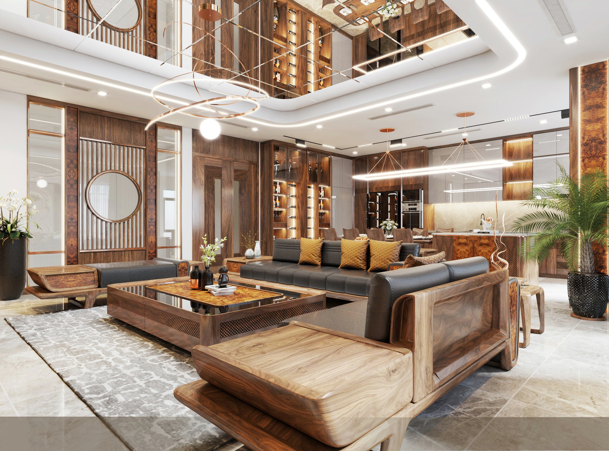 Bộ bàn ghế gỗ óc chó có tab liền và bàn trà veneer nu viền kính