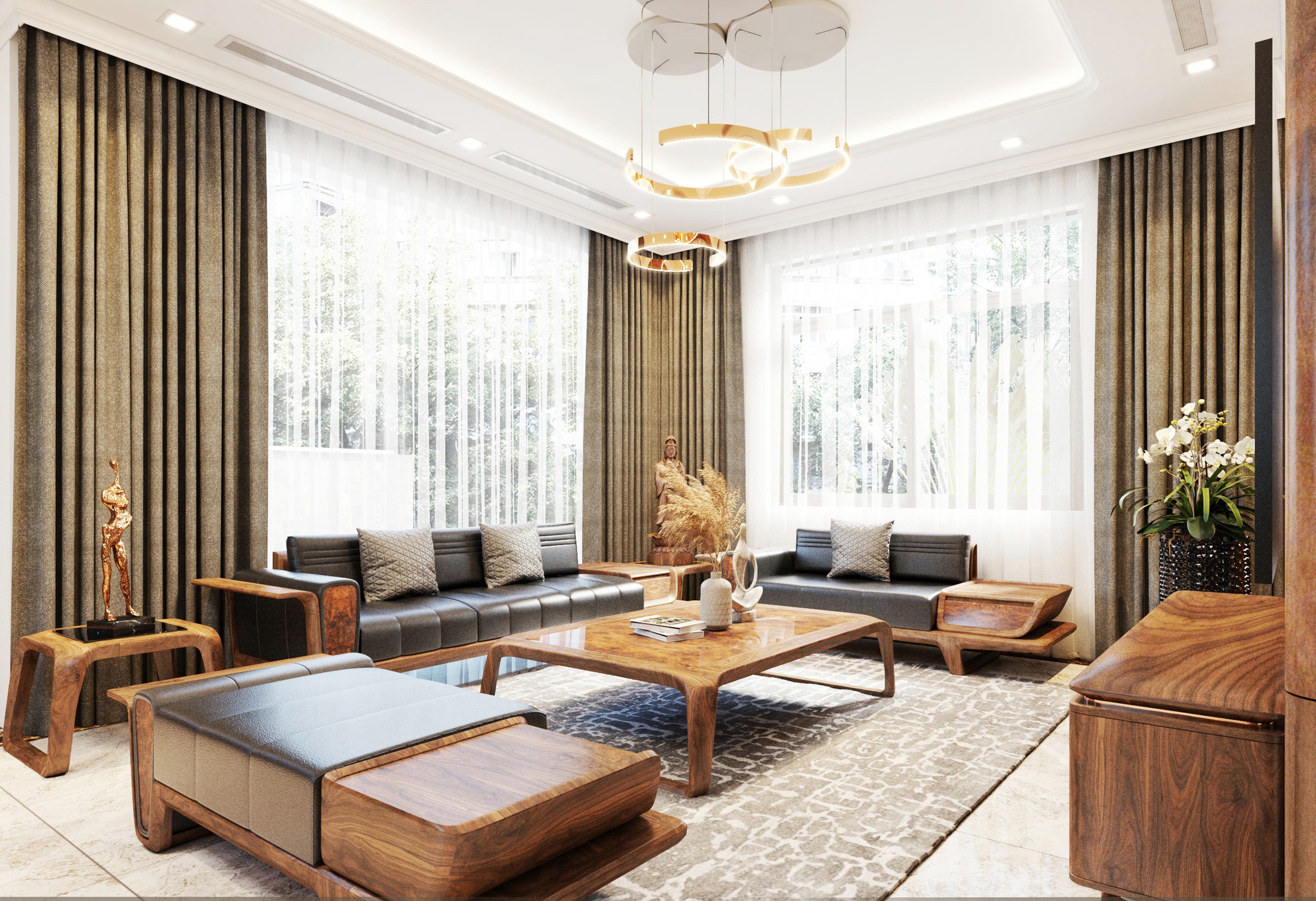 Bộ bàn ghế gỗ phòng khách hiện đại kết hợp đệm da đen và bàn trà mặt veneer vân gỗ nu