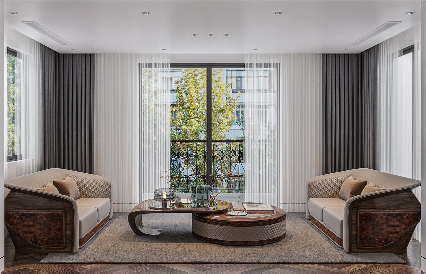 Bộ bàn ghế phòng khách nhỏ hiện đại với sofa đối xứng và bàn trà mặt đá hình bầu dục Bộ bàn ghế phòng khách nhỏ hiện đại với sofa đối xứng và bàn trà mặt đá hình bầu dục