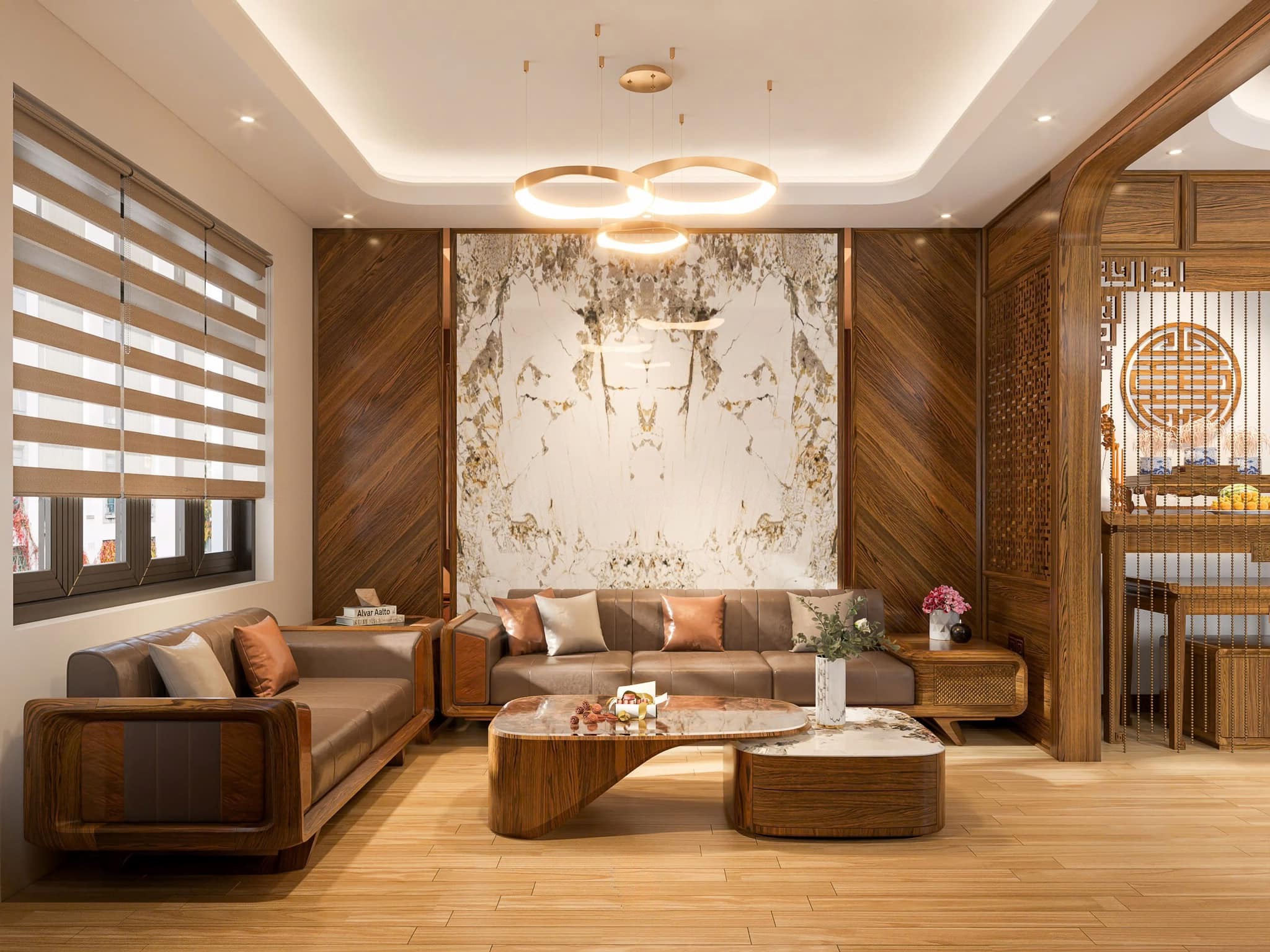 Bộ bàn ghế sofa gỗ chữ L hiện đại màu nâu đậm