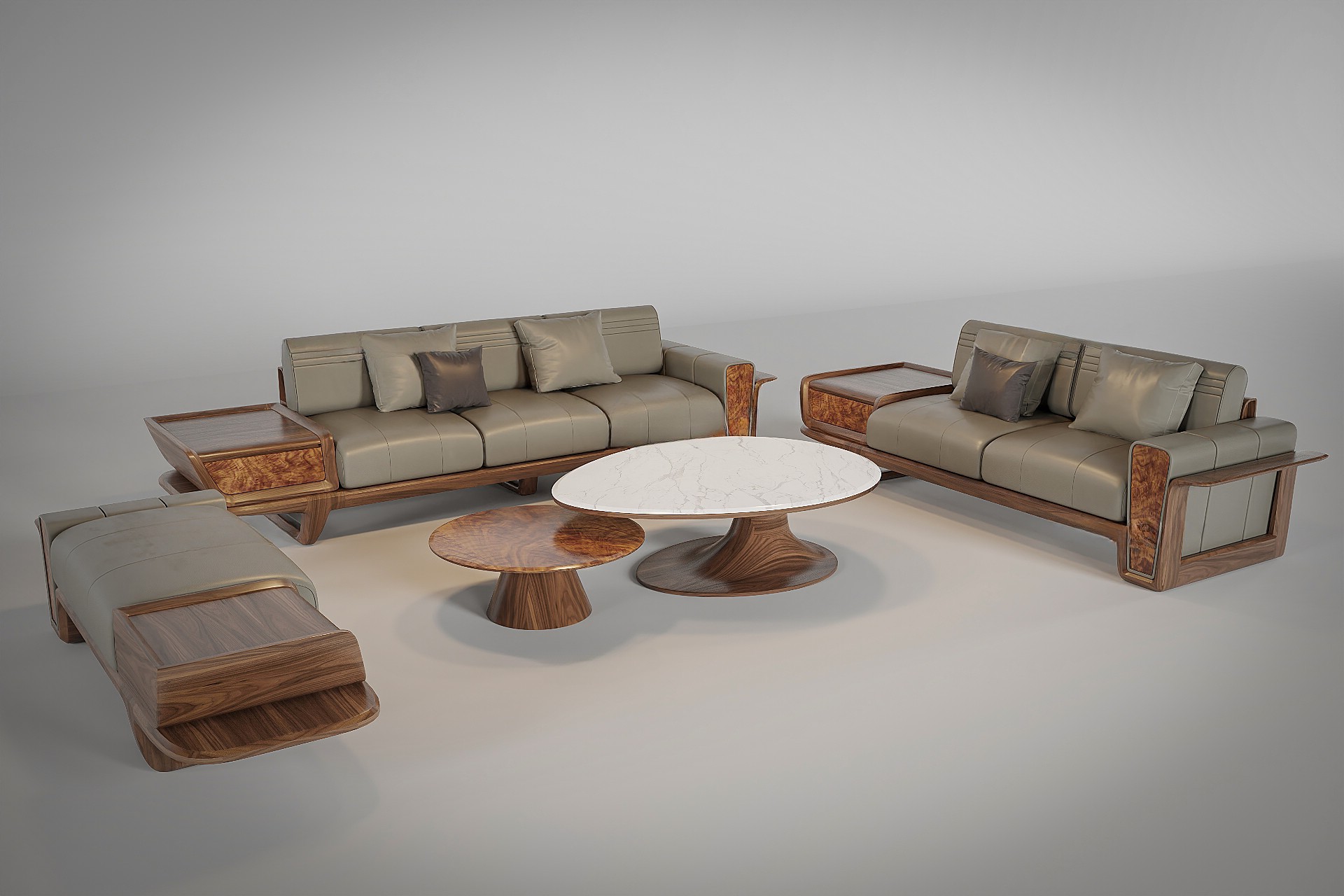 Bộ bàn ghế sofa gỗ hiện đại sang trọng với bàn trà đá granite trắng loang tia xám