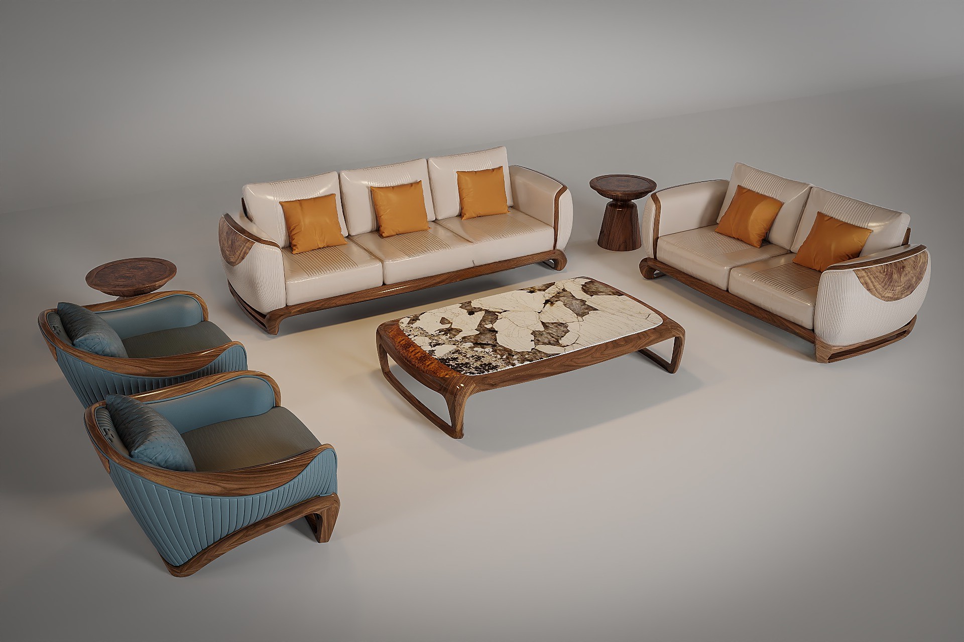 Bộ bàn ghế sofa gỗ phòng khách hiện đại với khung gỗ óc chó và bàn trà mặt đá Onyx Bộ bàn ghế sofa gỗ phòng khách hiện đại với khung gỗ óc chó và bàn trà mặt đá Onyx