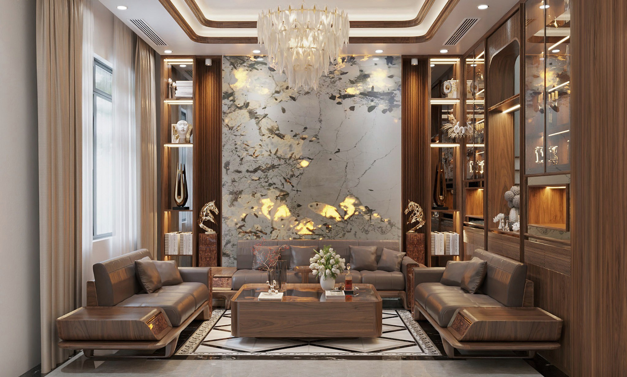 Bộ bàn ghế sofa gỗ óc chó hiện đại với sofa băng và bàn trà mặt kính Bộ bàn ghế sofa gỗ óc chó hiện đại với sofa băng và bàn trà mặt kính